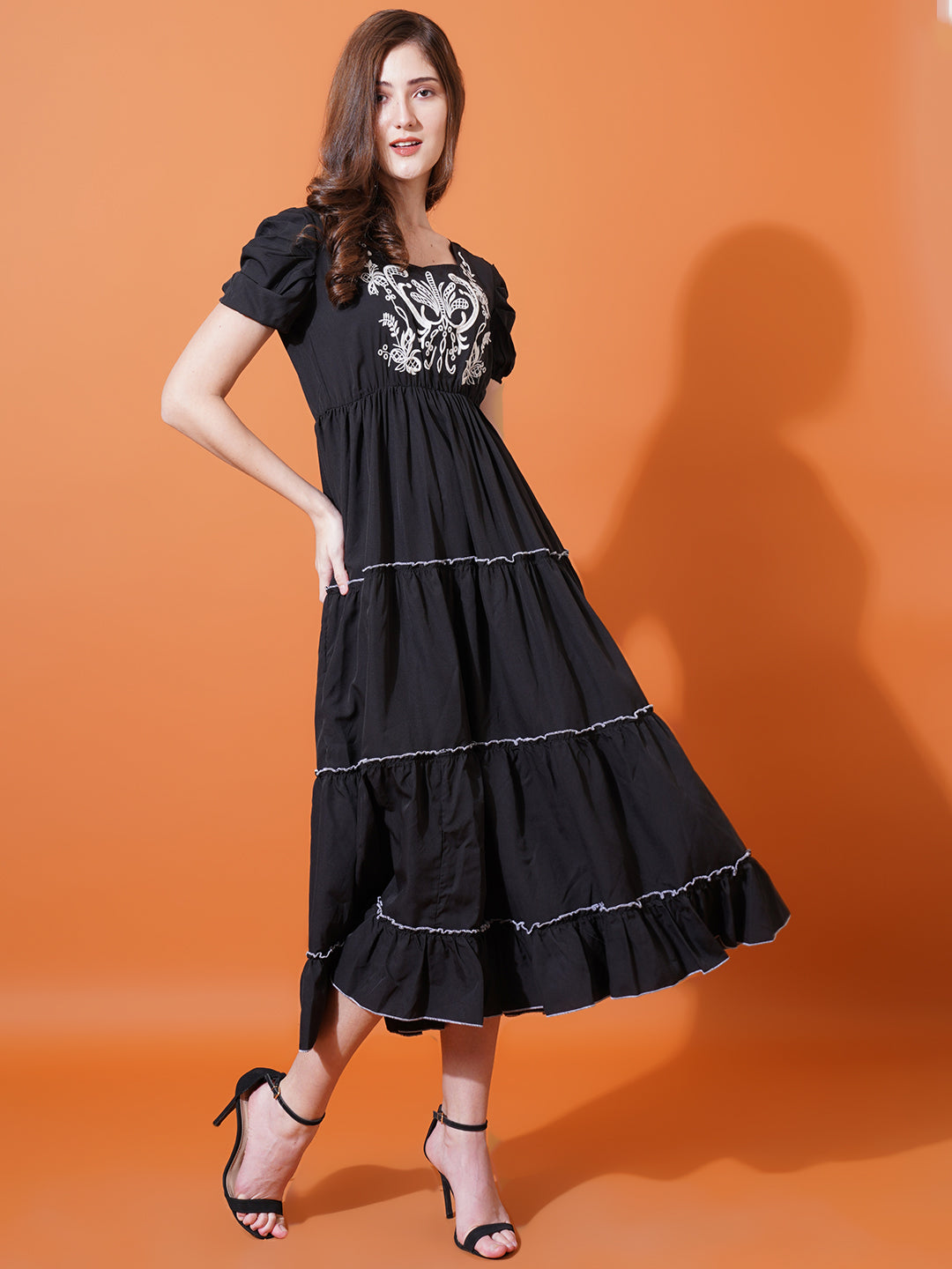 Women Black Sweetheart Neck Puff Sleeves Embroidered Tiered Crepe Midi Fit & Flare Dress