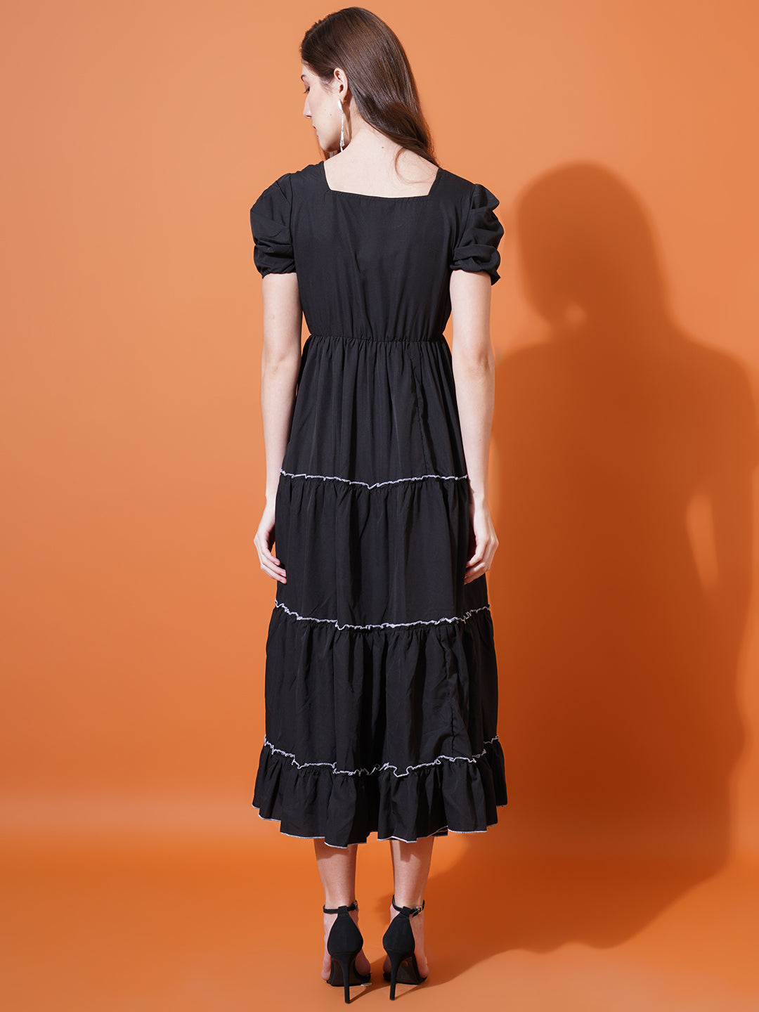 Women Black Sweetheart Neck Puff Sleeves Embroidered Tiered Crepe Midi Fit & Flare Dress