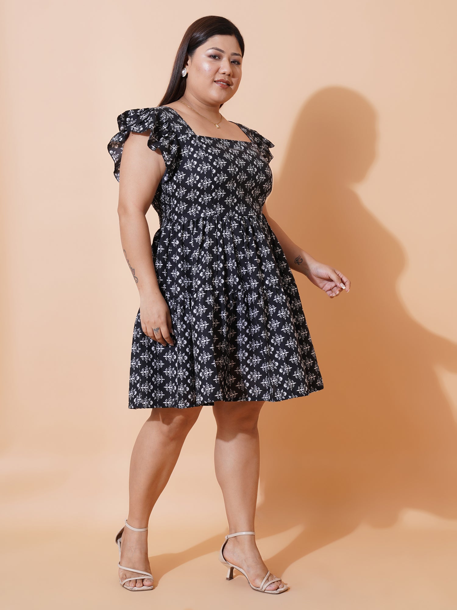 Women Plus Size Polka Dot Print Puff Sleeve Ruffled Fit & Flare Dress