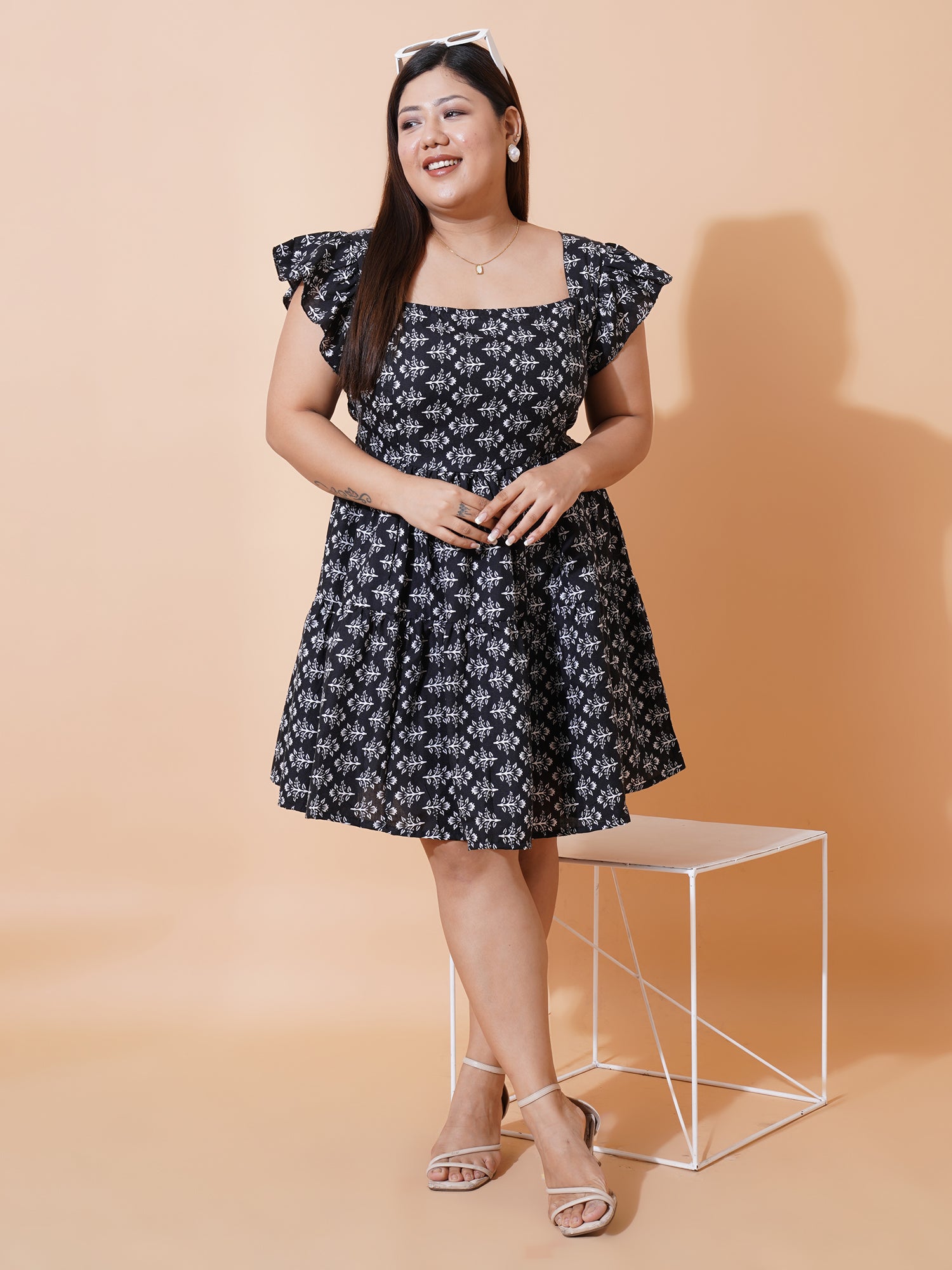 Women Plus Size Polka Dot Print Puff Sleeve Ruffled Fit & Flare Dress