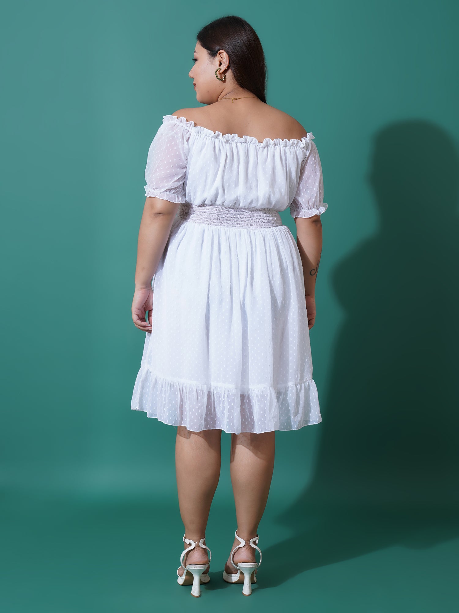 Women Plus Size Off-Shoulder Puff Sleeve Ruffled Georgette Fit & Flare Dress