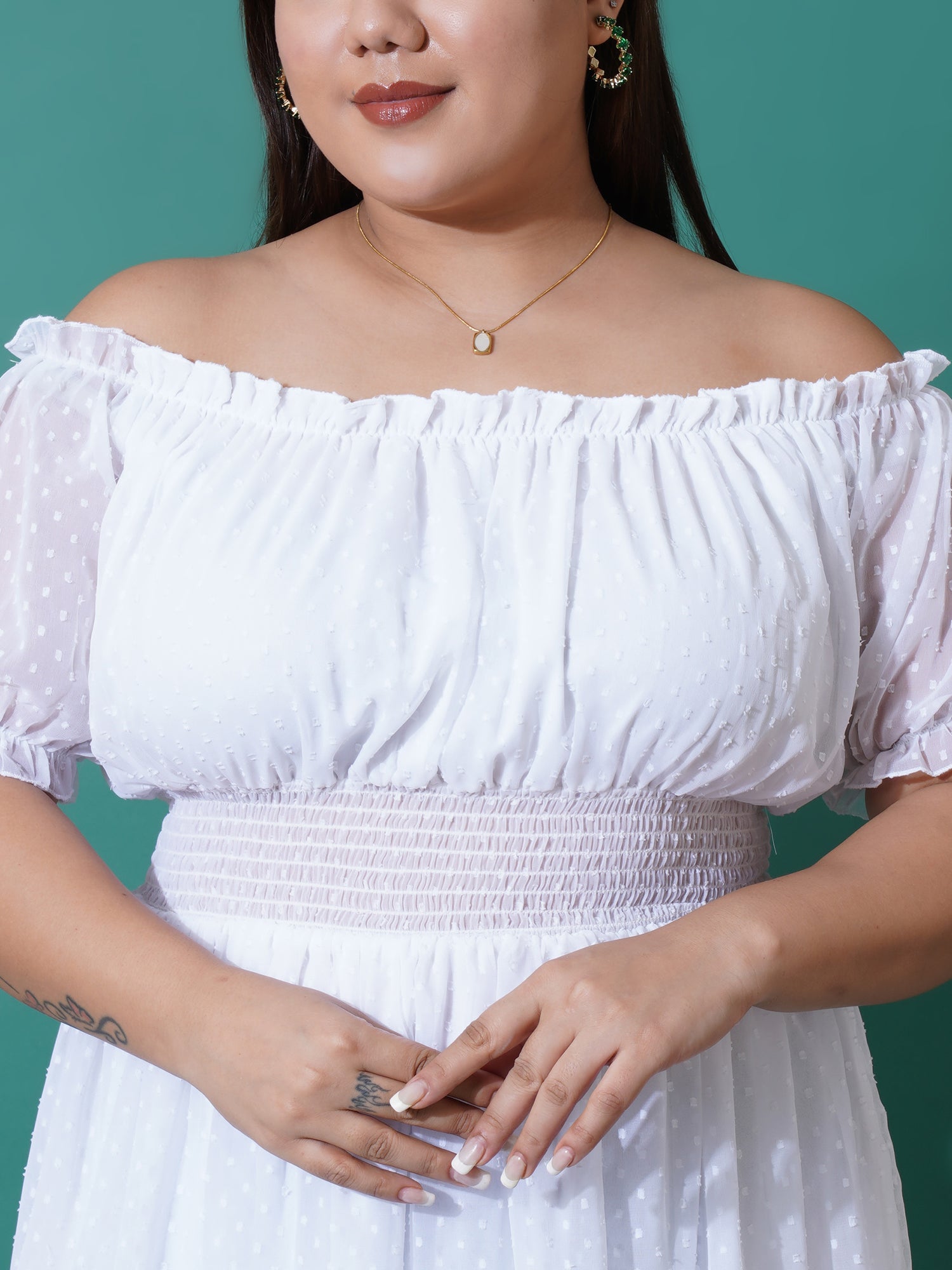 Women Plus Size Off-Shoulder Puff Sleeve Ruffled Georgette Fit & Flare Dress