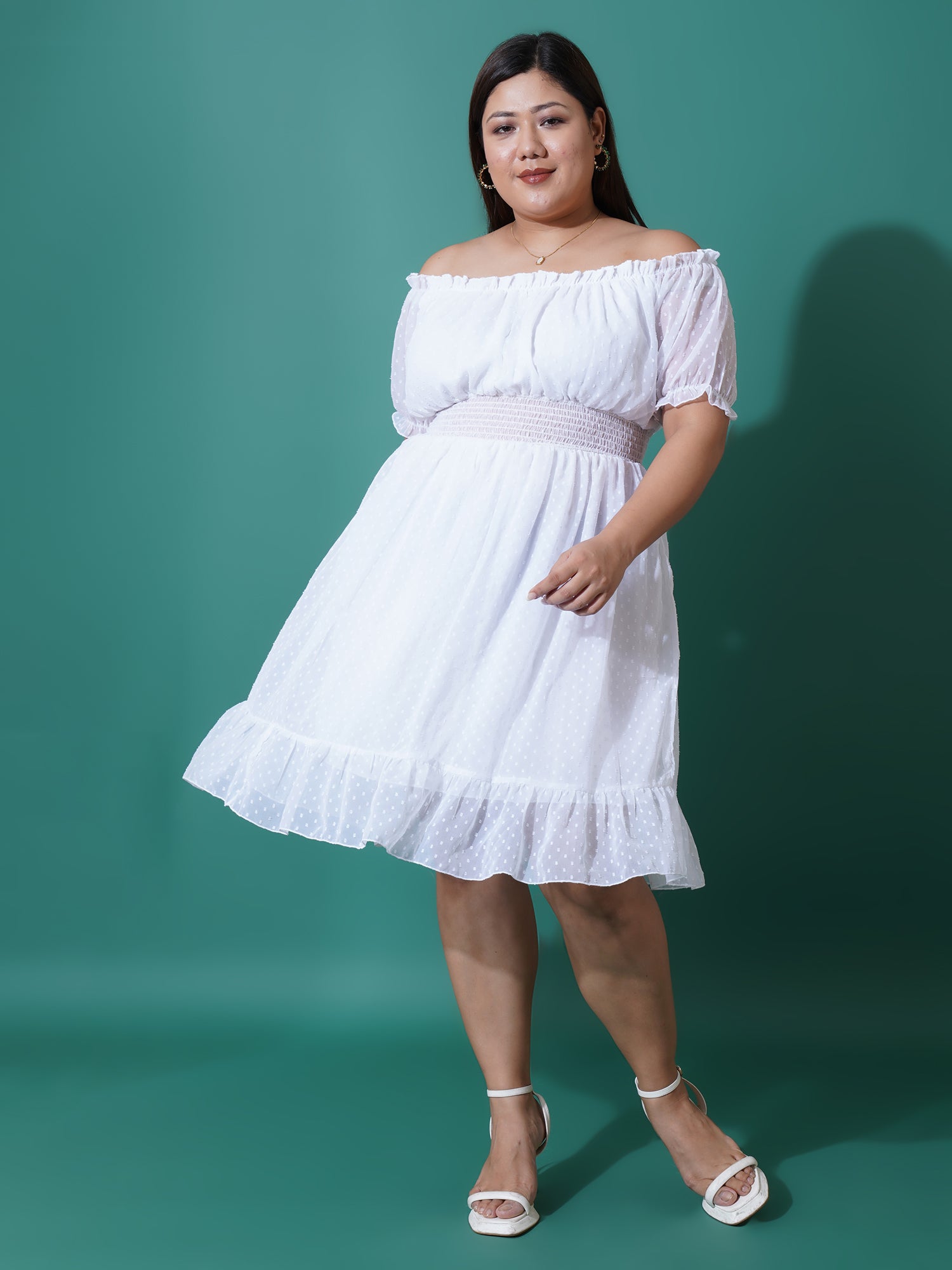 Women Plus Size Off-Shoulder Puff Sleeve Ruffled Georgette Fit & Flare Dress