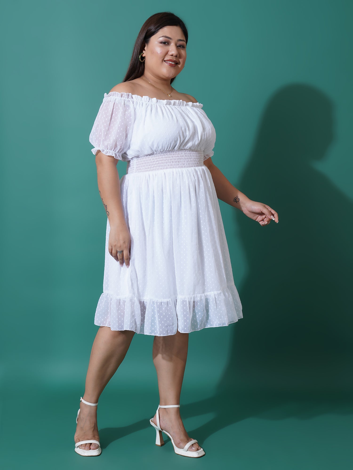 Women Plus Size Off-Shoulder Puff Sleeve Ruffled Georgette Fit & Flare Dress