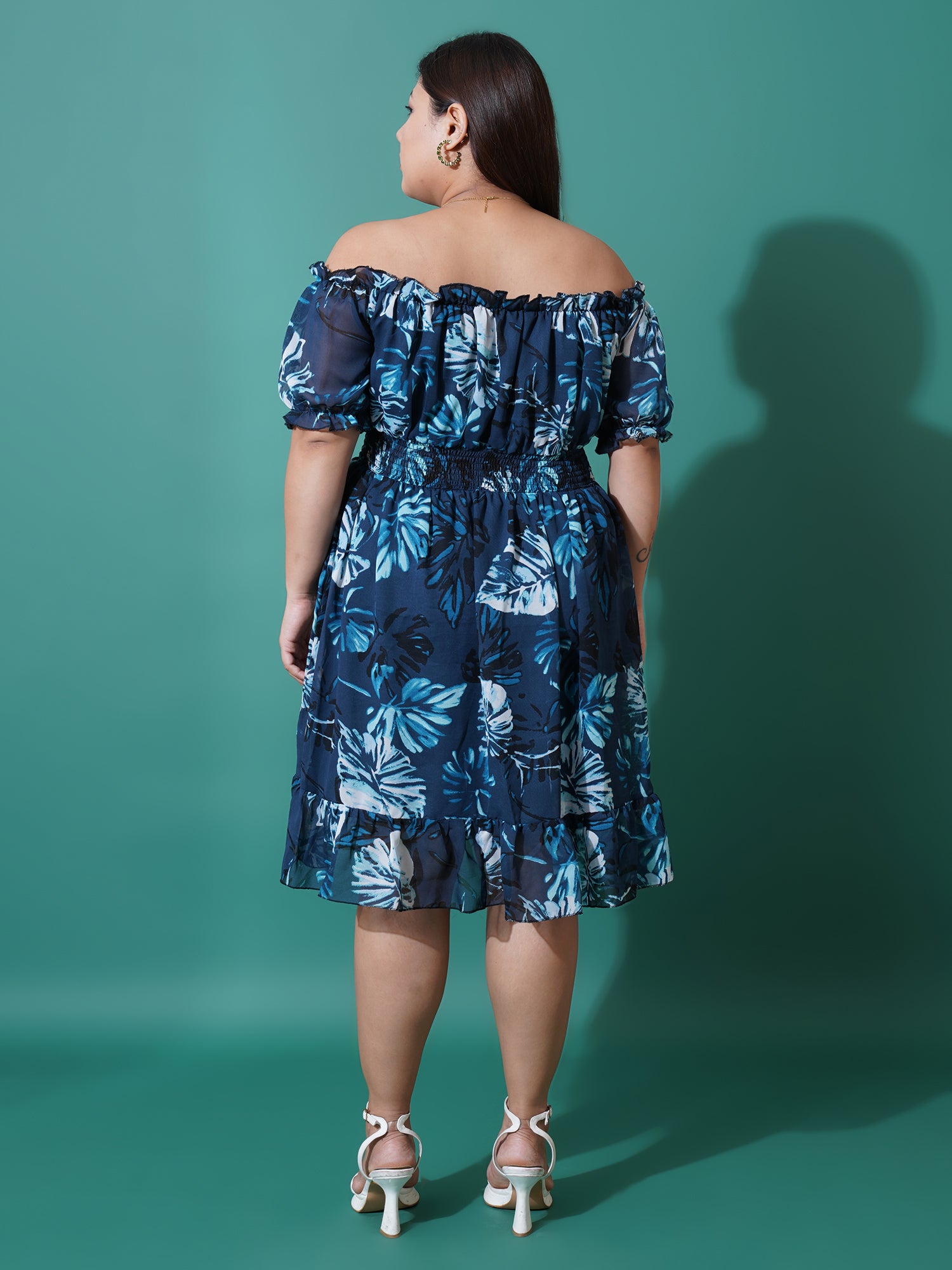 Women Plus Size Floral Print Off-Shoulder Ruffled Georgette Fit & Flare Dress