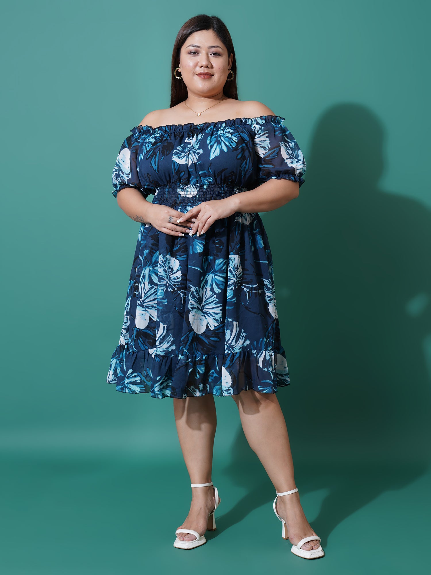 Women Plus Size Floral Print Off-Shoulder Ruffled Georgette Fit & Flare Dress