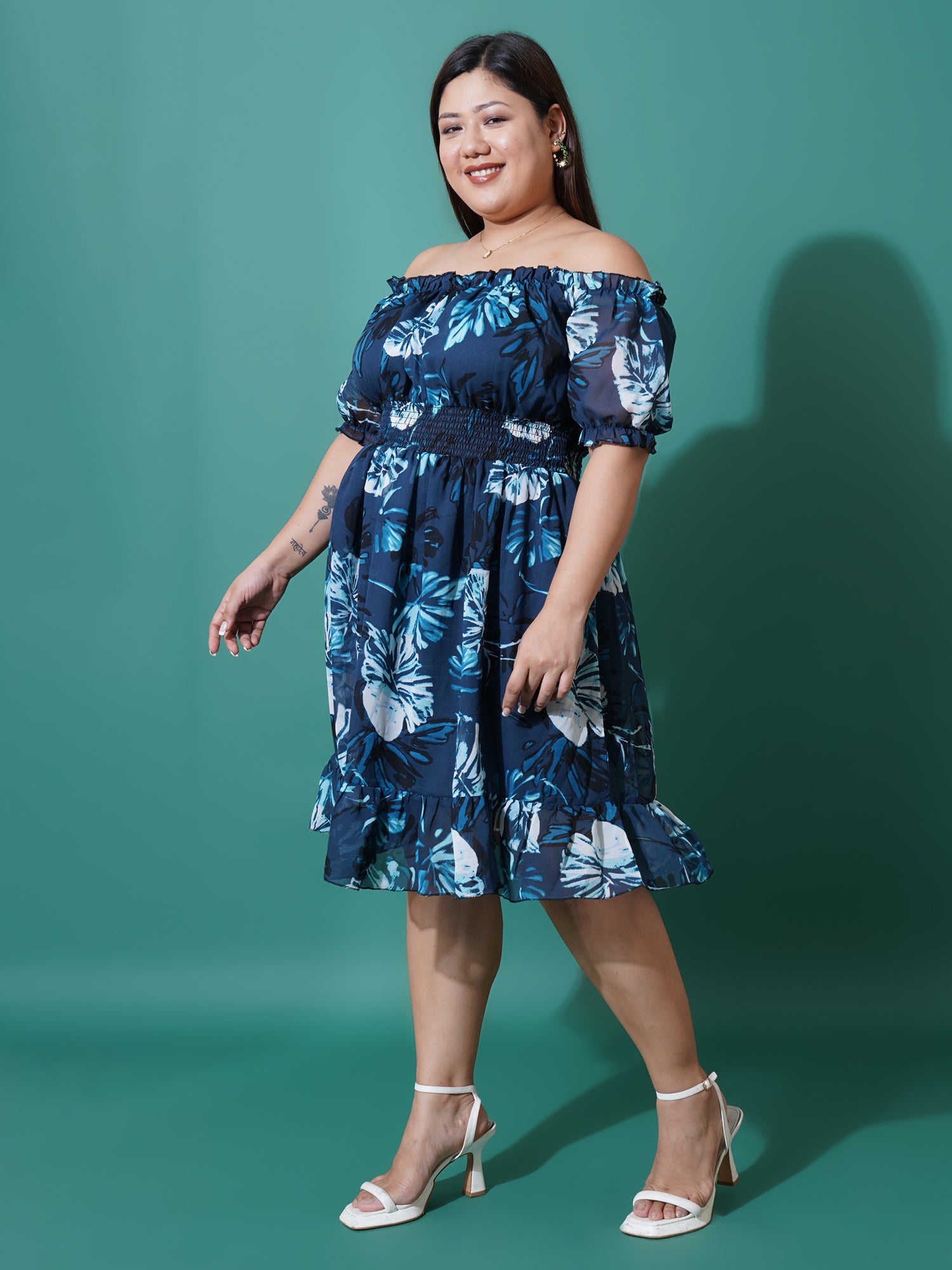 Women Plus Size Floral Print Off-Shoulder Ruffled Georgette Fit & Flare Dress