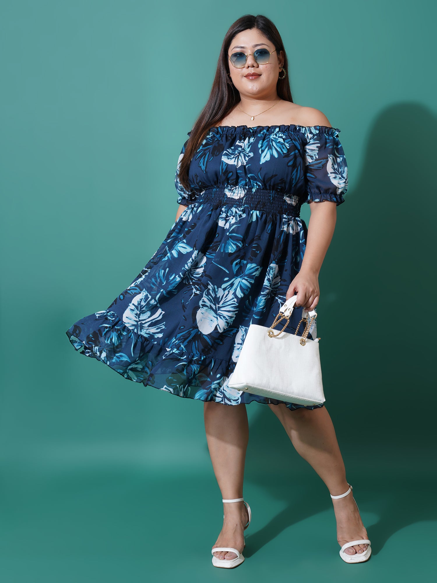 Women Plus Size Floral Print Off-Shoulder Ruffled Georgette Fit & Flare Dress
