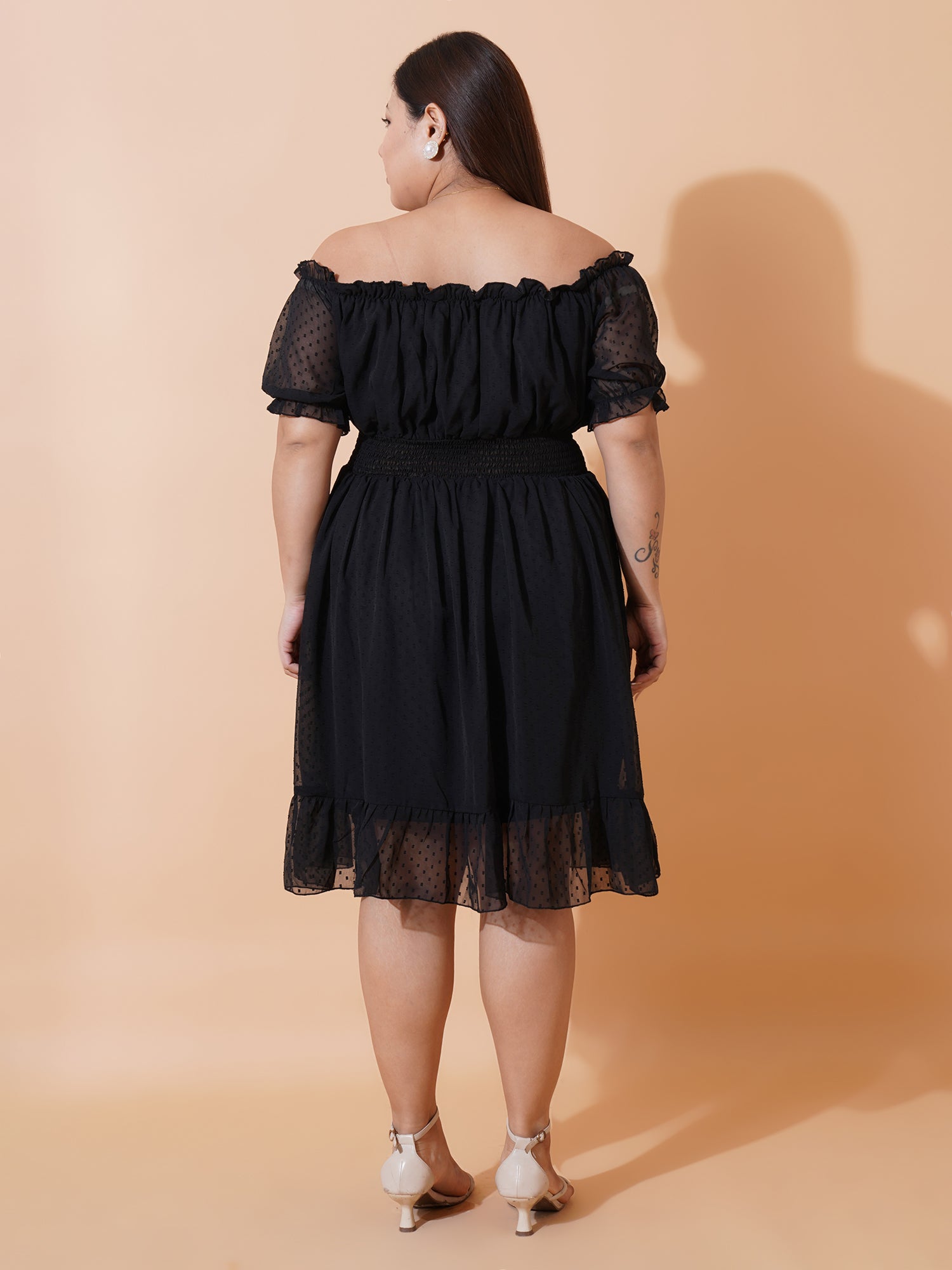 Women Plus Size Off-Shoulder Puff Sleeve Ruffled Georgette Fit & Flare Midi Dress