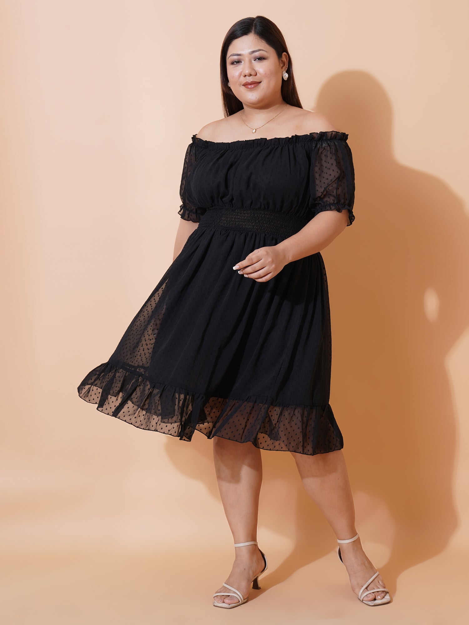 Women Plus Size Off-Shoulder Puff Sleeve Ruffled Georgette Fit & Flare Midi Dress