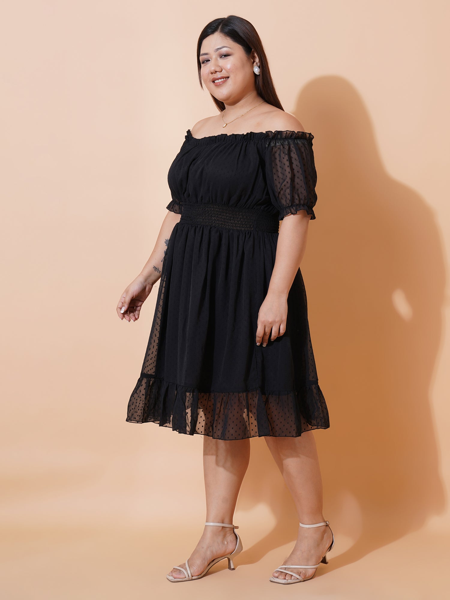 Women Plus Size Off-Shoulder Puff Sleeve Ruffled Georgette Fit & Flare Midi Dress