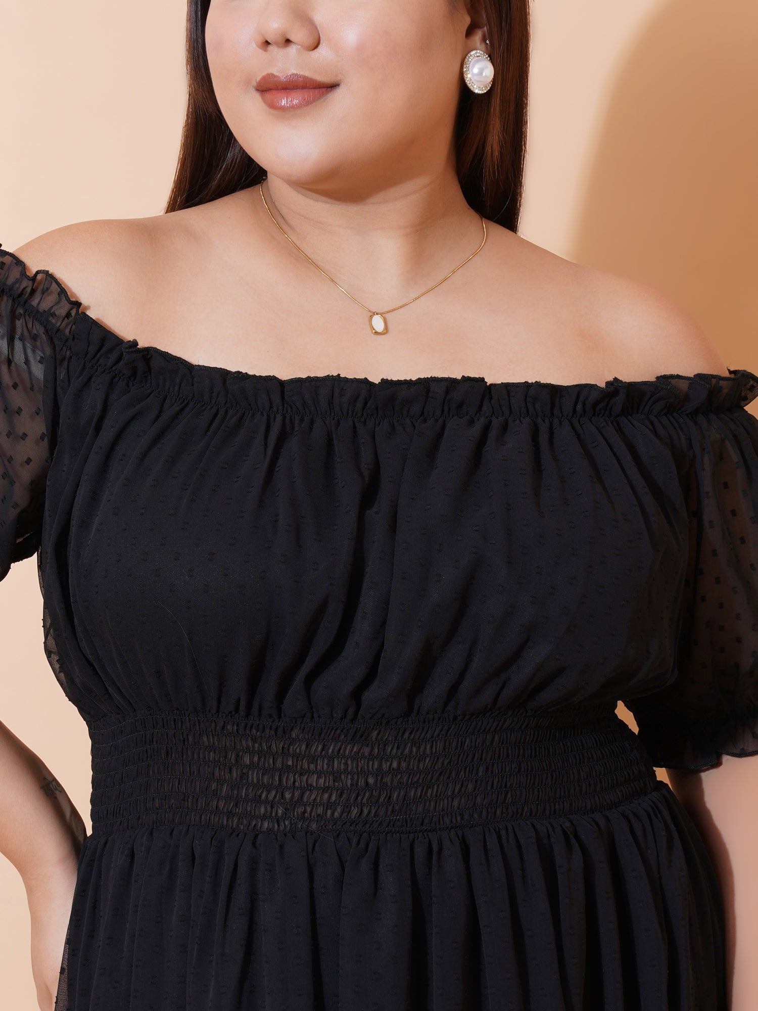 Women Plus Size Off-Shoulder Puff Sleeve Ruffled Georgette Fit & Flare Midi Dress