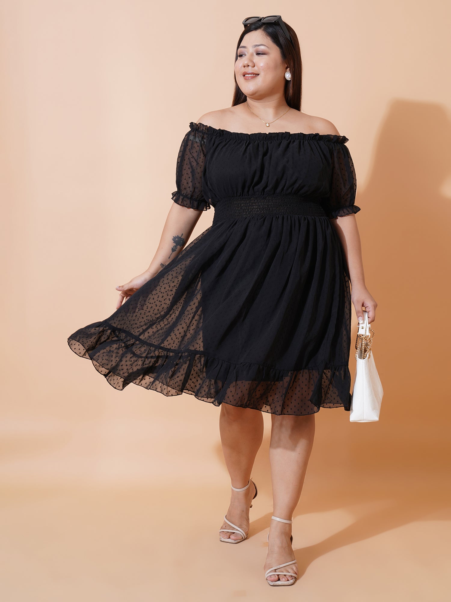 Women Plus Size Off-Shoulder Puff Sleeve Ruffled Georgette Fit & Flare Midi Dress