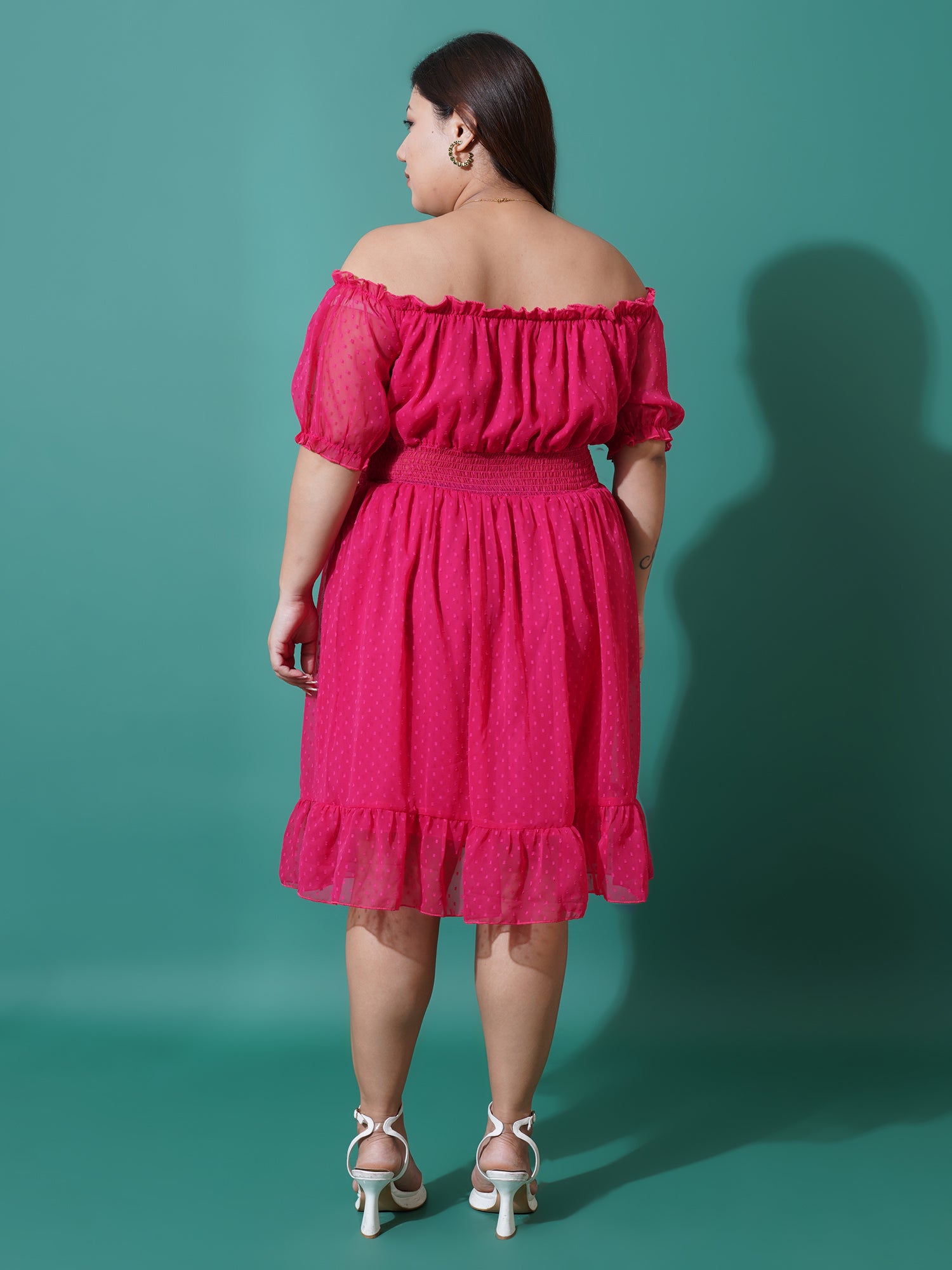 Women Plus Size Off-Shoulder Ruffled Georgette Fit & Flare Dress
