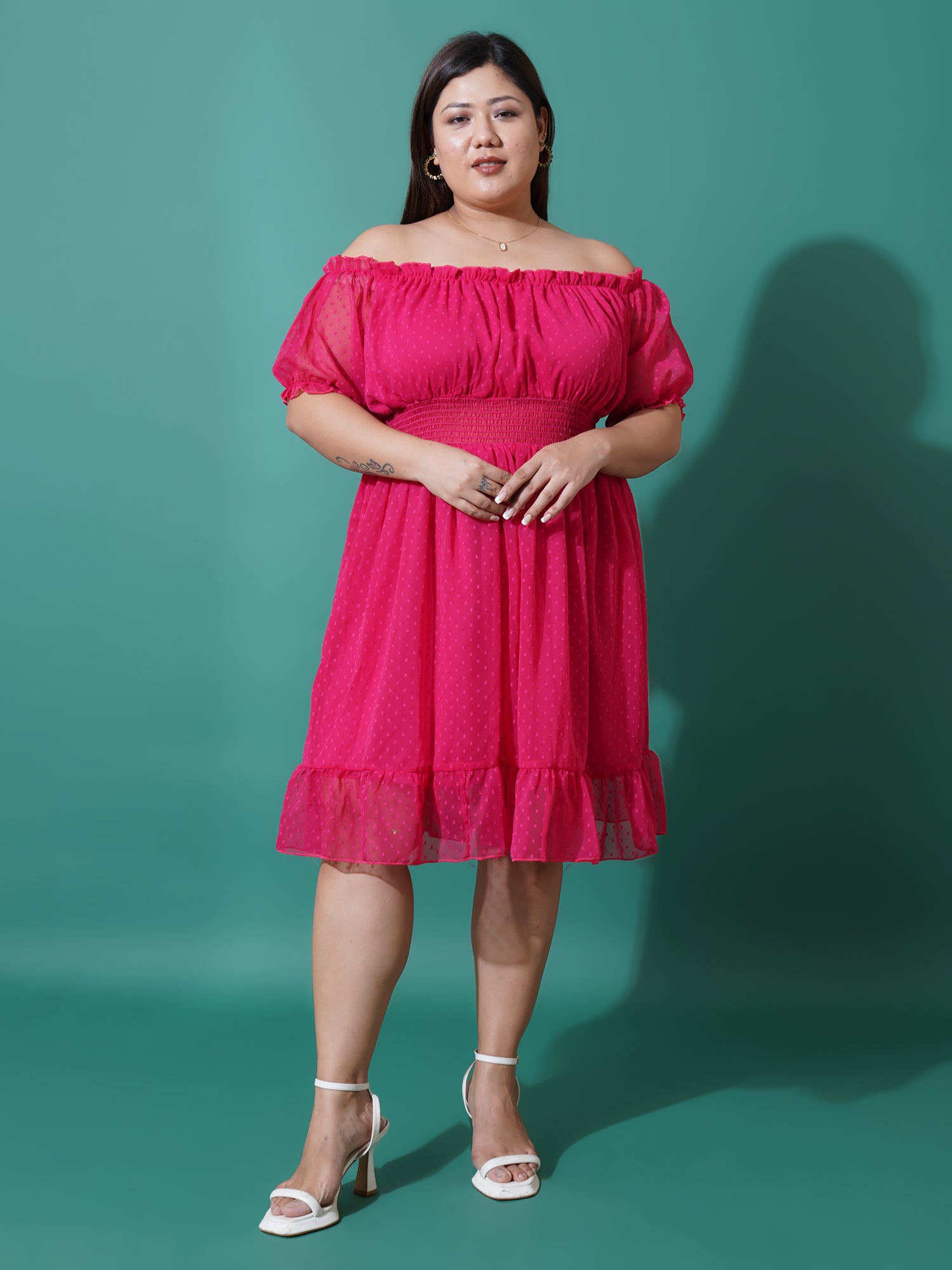 Women Plus Size Off-Shoulder Ruffled Georgette Fit & Flare Dress