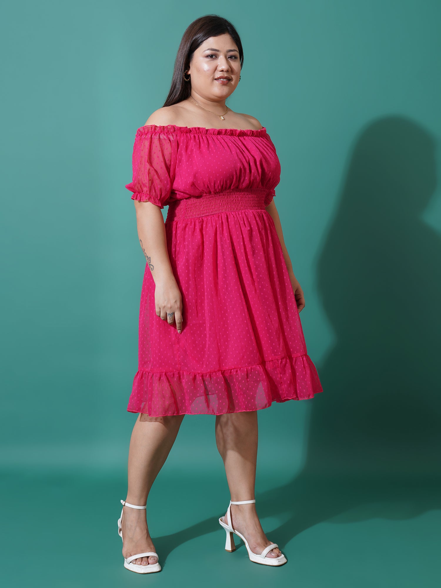 Women Plus Size Off-Shoulder Ruffled Georgette Fit & Flare Dress
