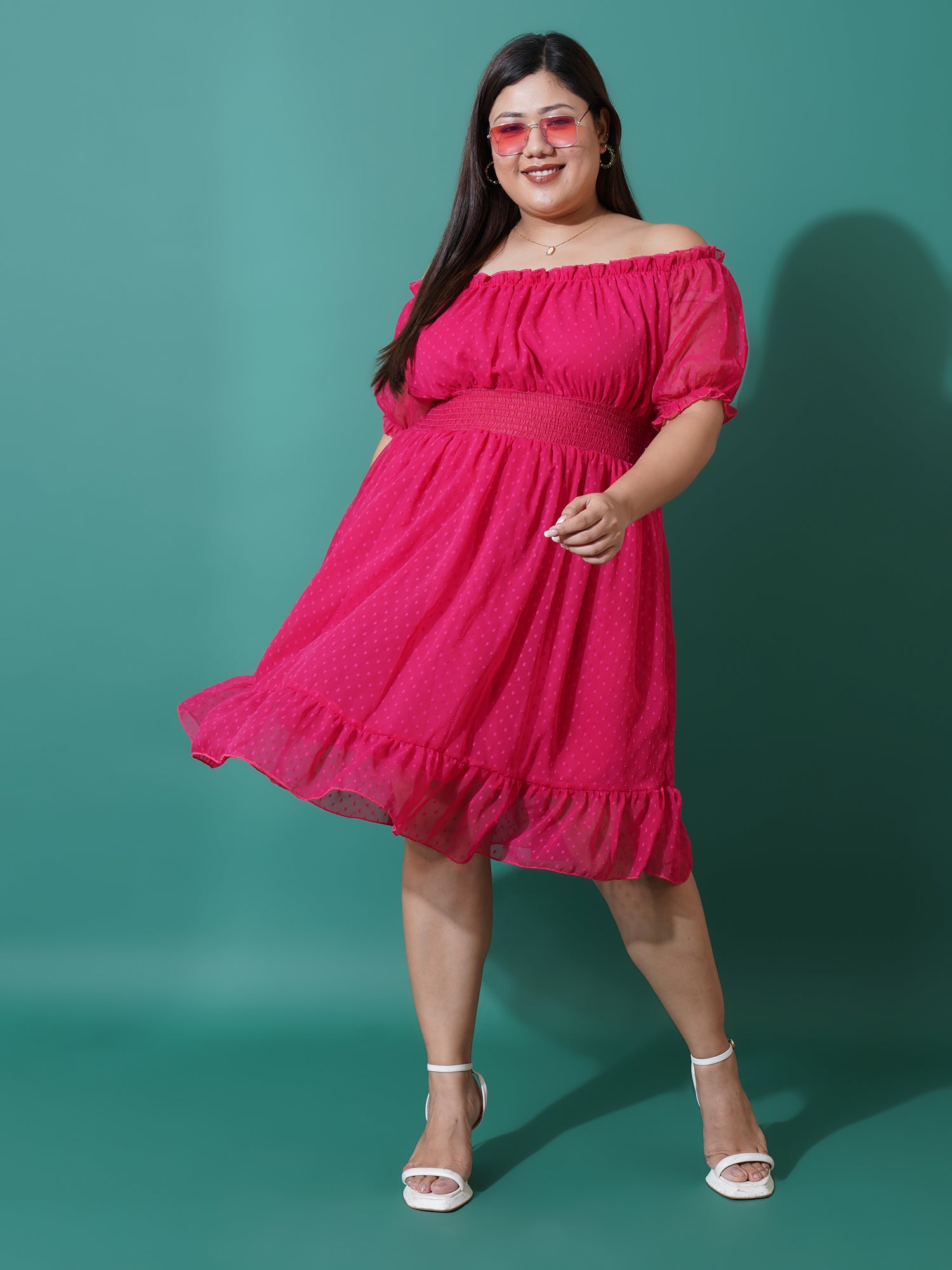 Women Plus Size Off-Shoulder Ruffled Georgette Fit & Flare Dress