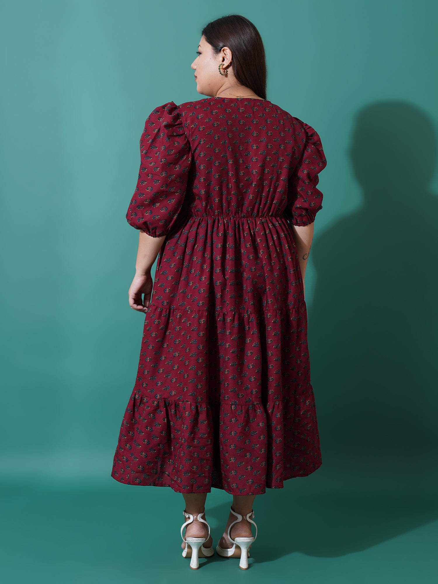 Women Plus Size Floral Print Puff Sleeve A-Line Midi Dress