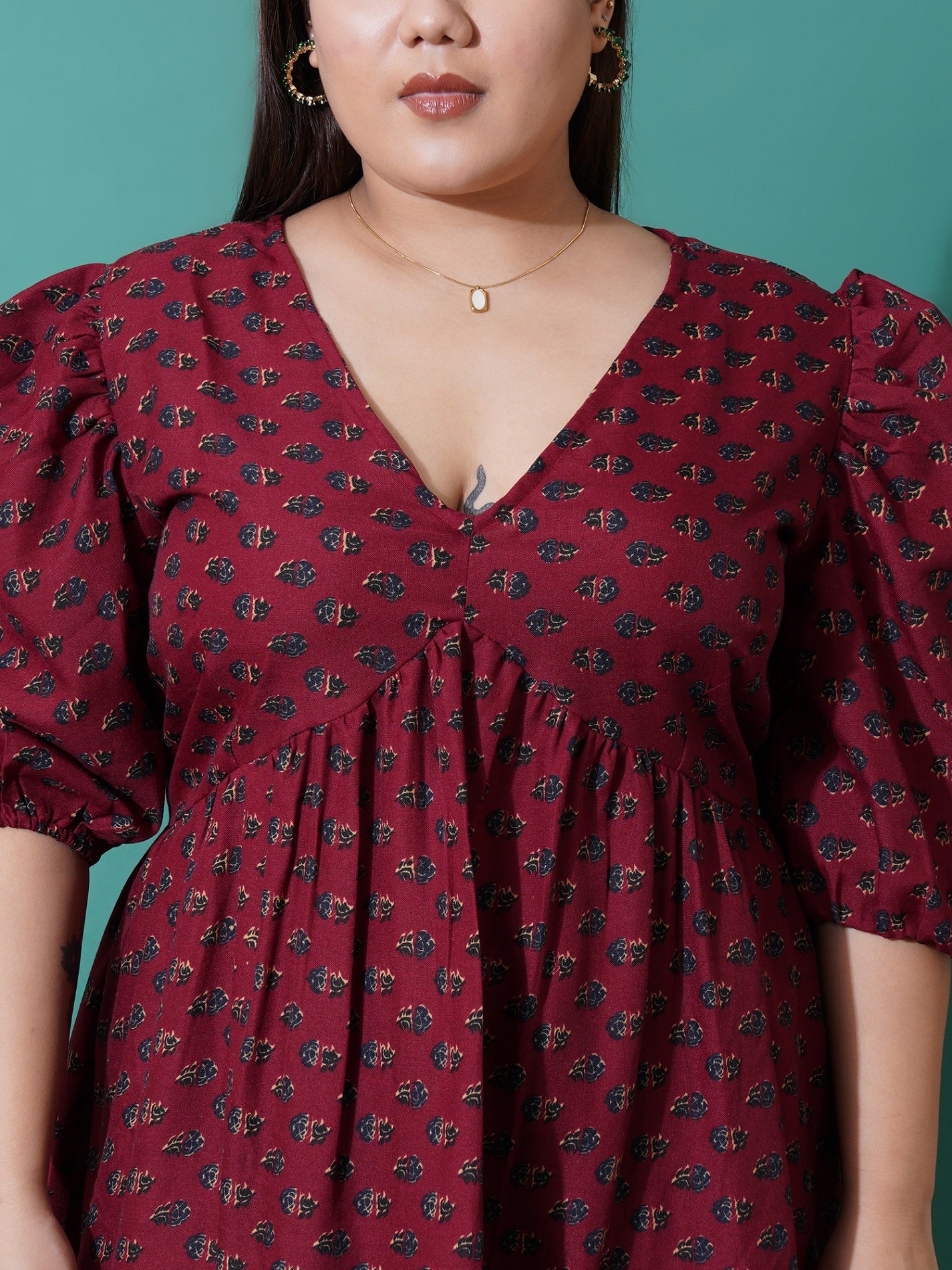 Women Plus Size Floral Print Puff Sleeve A-Line Midi Dress