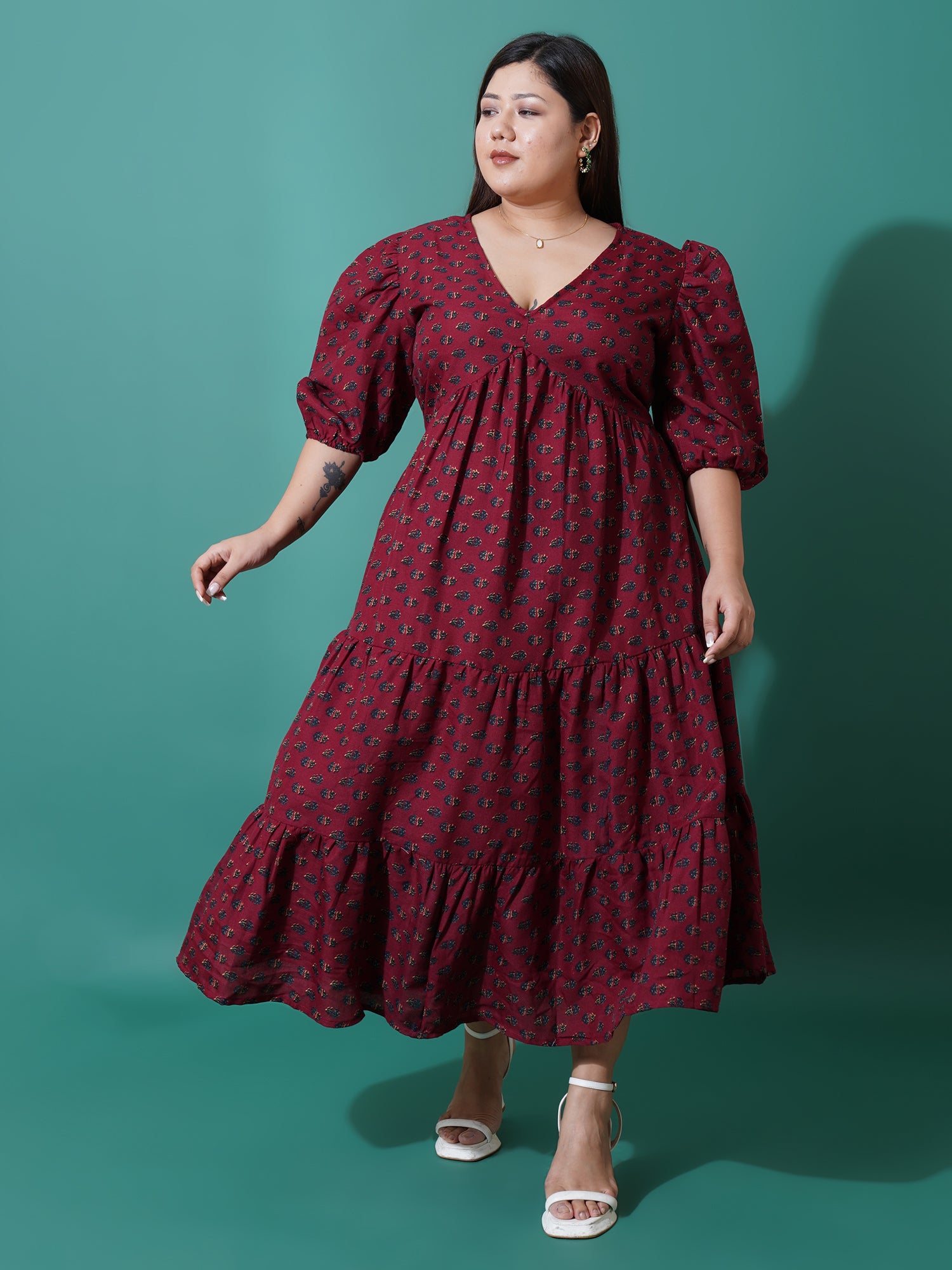 Women Plus Size Floral Print Puff Sleeve A-Line Midi Dress