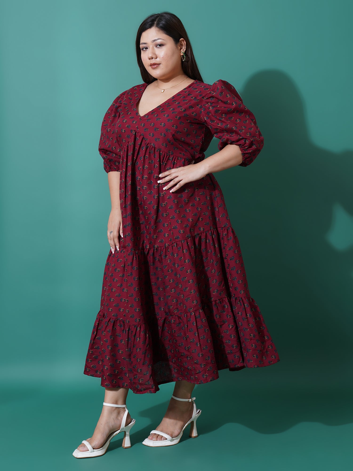 Women Plus Size Floral Print Puff Sleeve A-Line Midi Dress