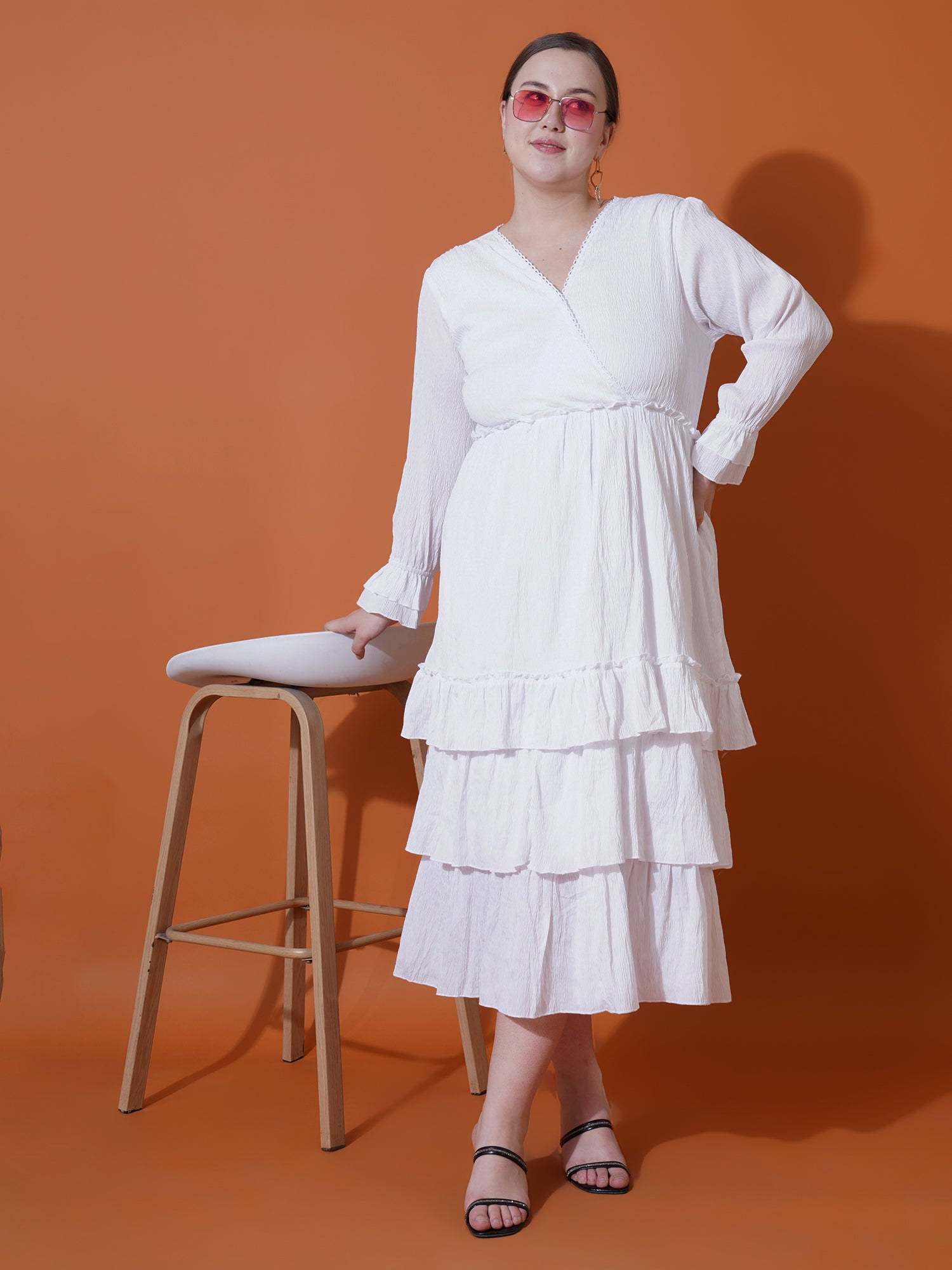 Women Plus Size Bell Sleeve Ruffled Crepe Fit & Flare Midi Dress