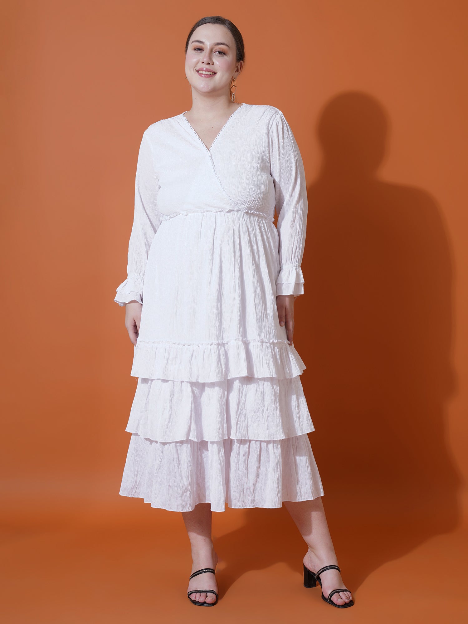 Women Plus Size Bell Sleeve Ruffled Crepe Fit & Flare Midi Dress