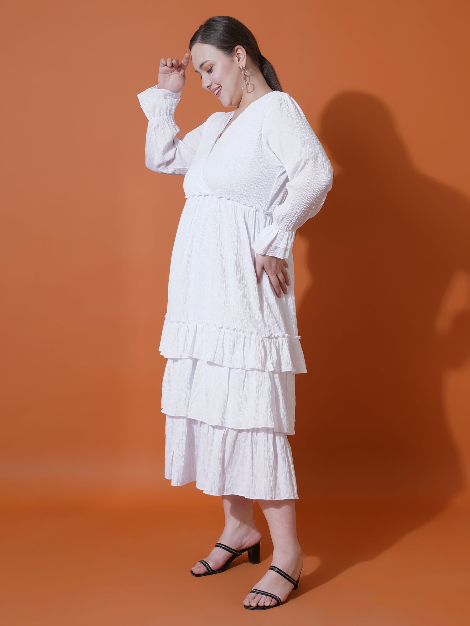 Women Plus Size Bell Sleeve Ruffled Crepe Fit & Flare Midi Dress