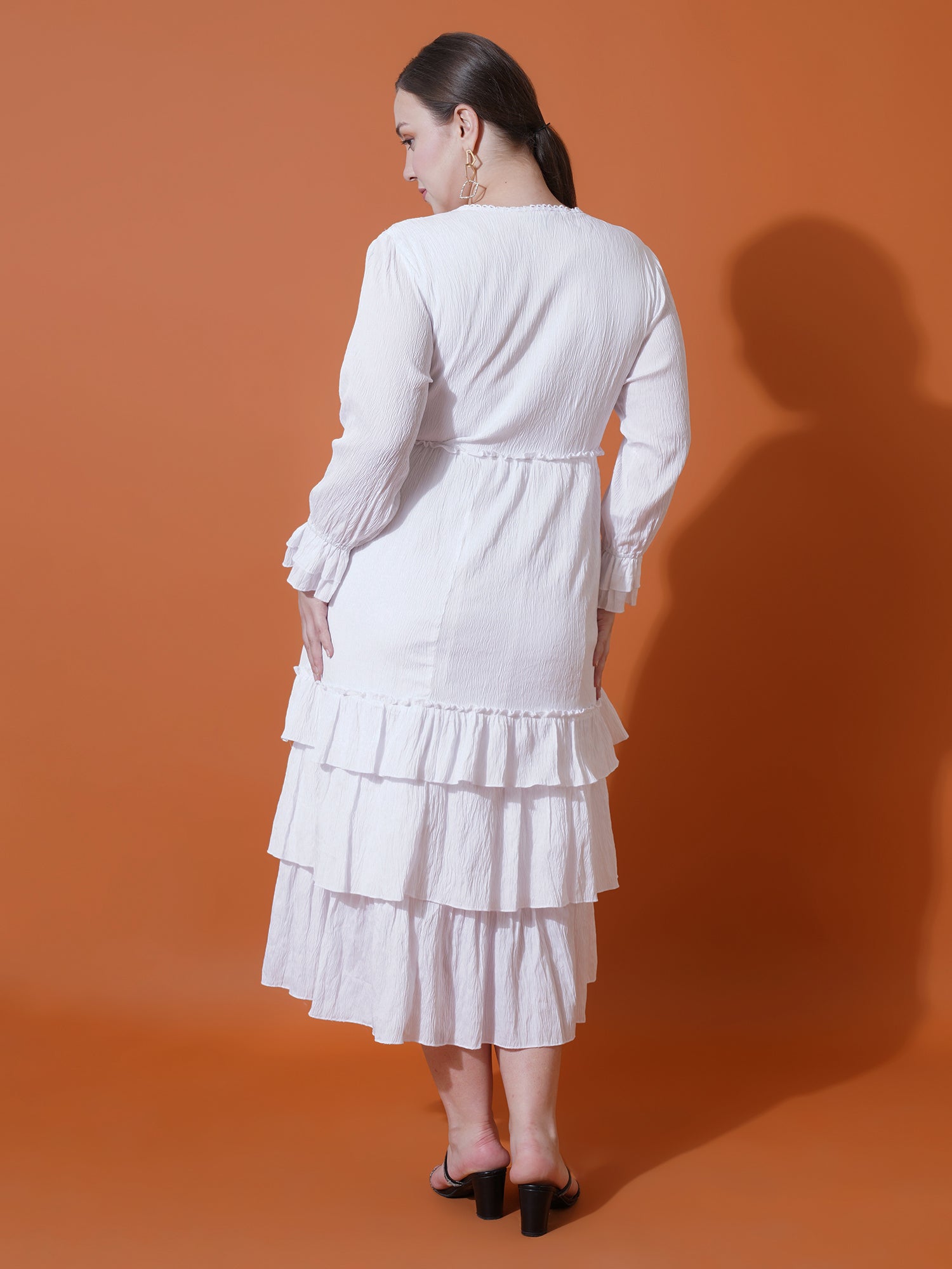 Women Plus Size Bell Sleeve Ruffled Crepe Fit & Flare Midi Dress