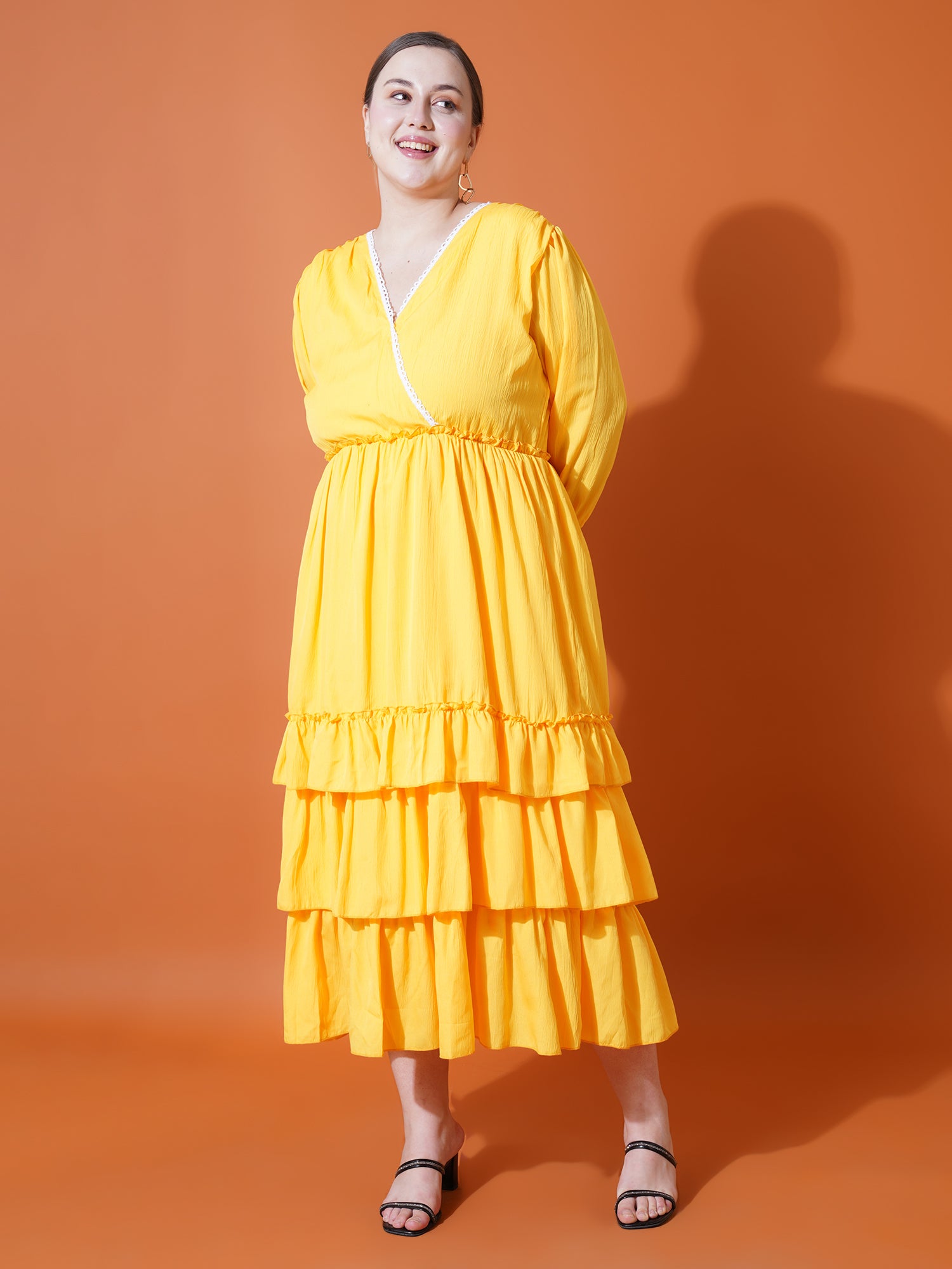 Women Plus Size Bell Sleeve Ruffled Fit & Flare Midi Dress