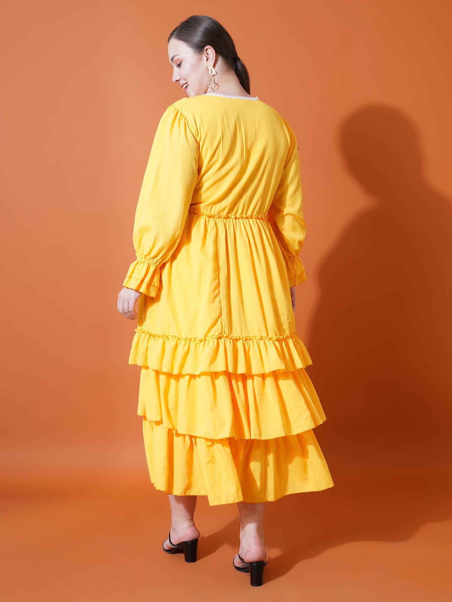 Women Plus Size Bell Sleeve Ruffled Fit & Flare Midi Dress