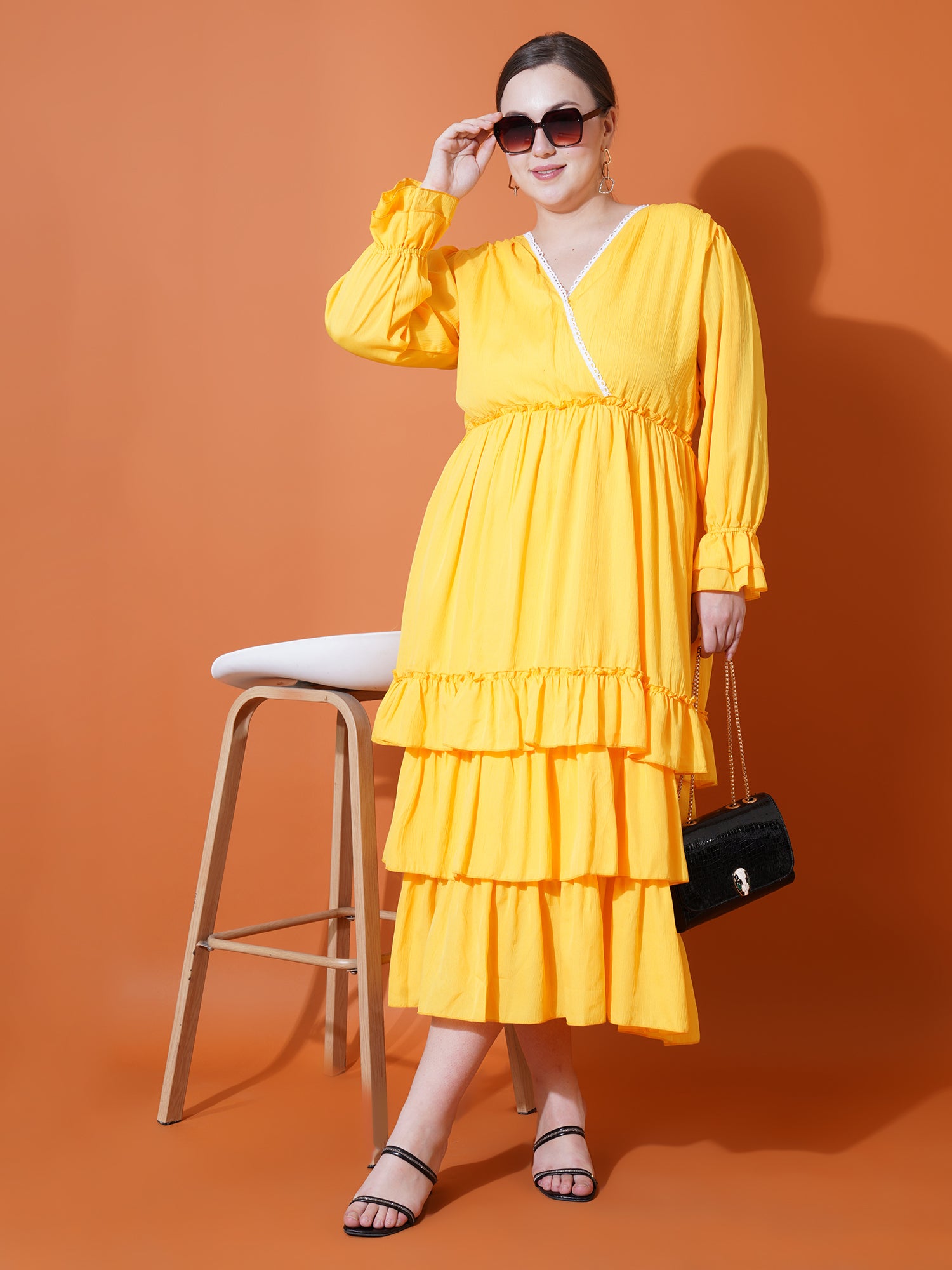 Women Plus Size Bell Sleeve Ruffled Fit & Flare Midi Dress
