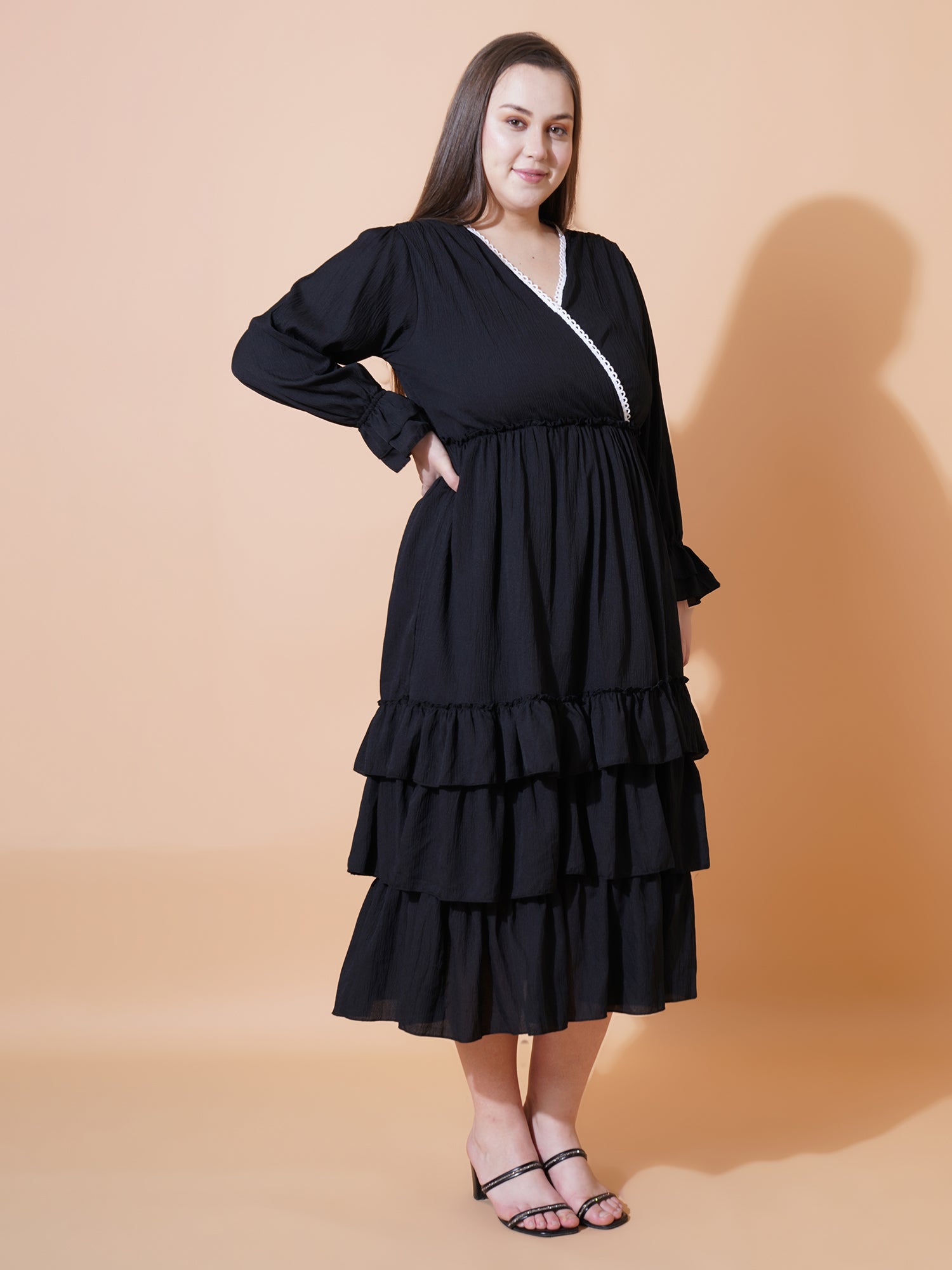 Women Plus Size Ruffles Fit & Flare Midi Tiered Dress