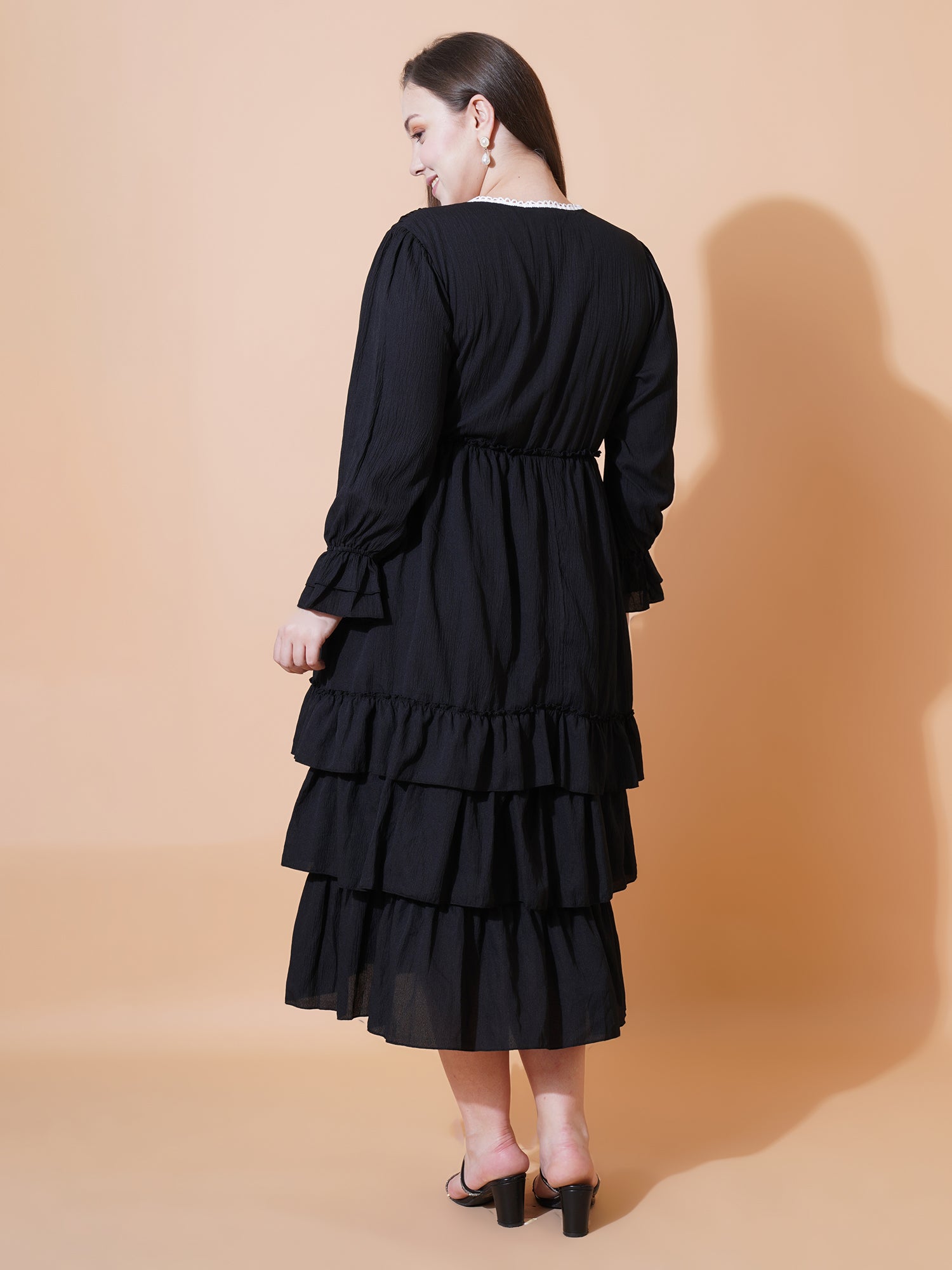 Women Plus Size Ruffles Fit & Flare Midi Tiered Dress