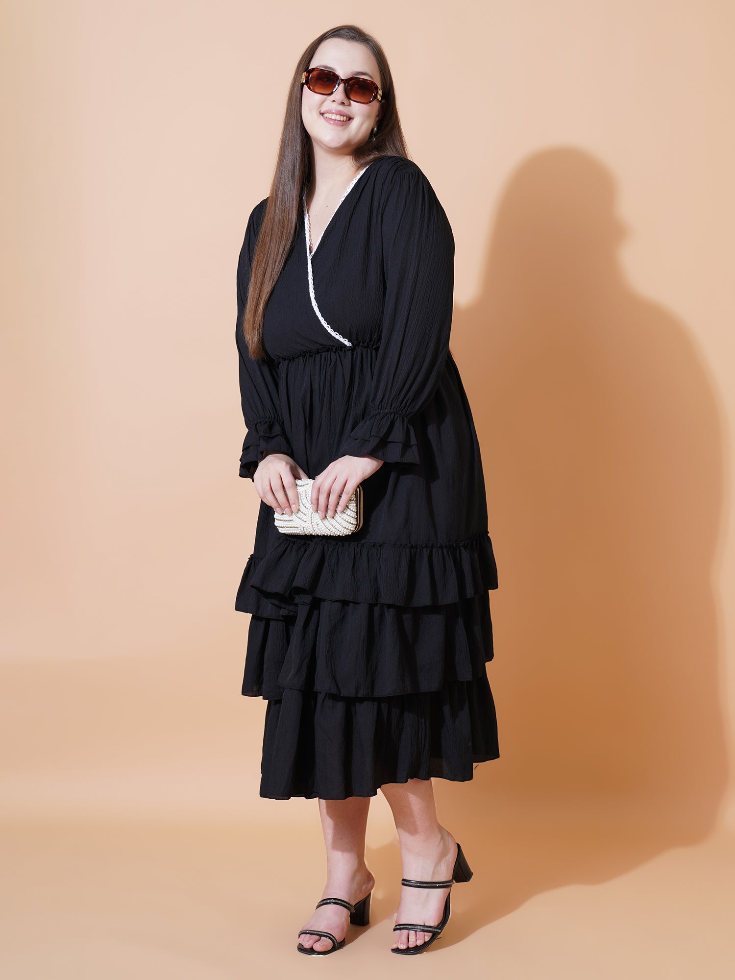 Women Plus Size Ruffles Fit & Flare Midi Tiered Dress