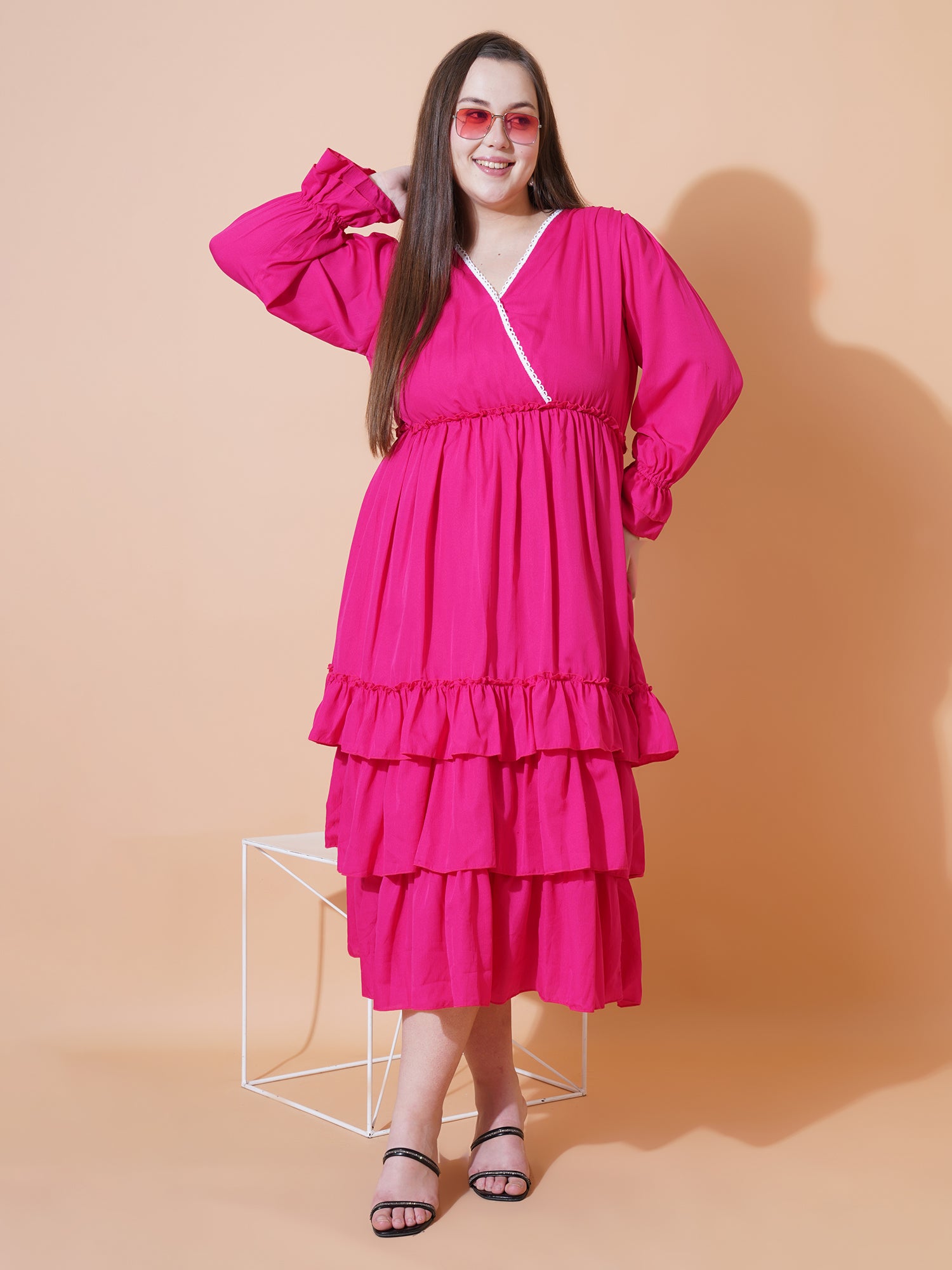 Women Plus Size Bell Sleeve Fit & Flare Midi Dress
