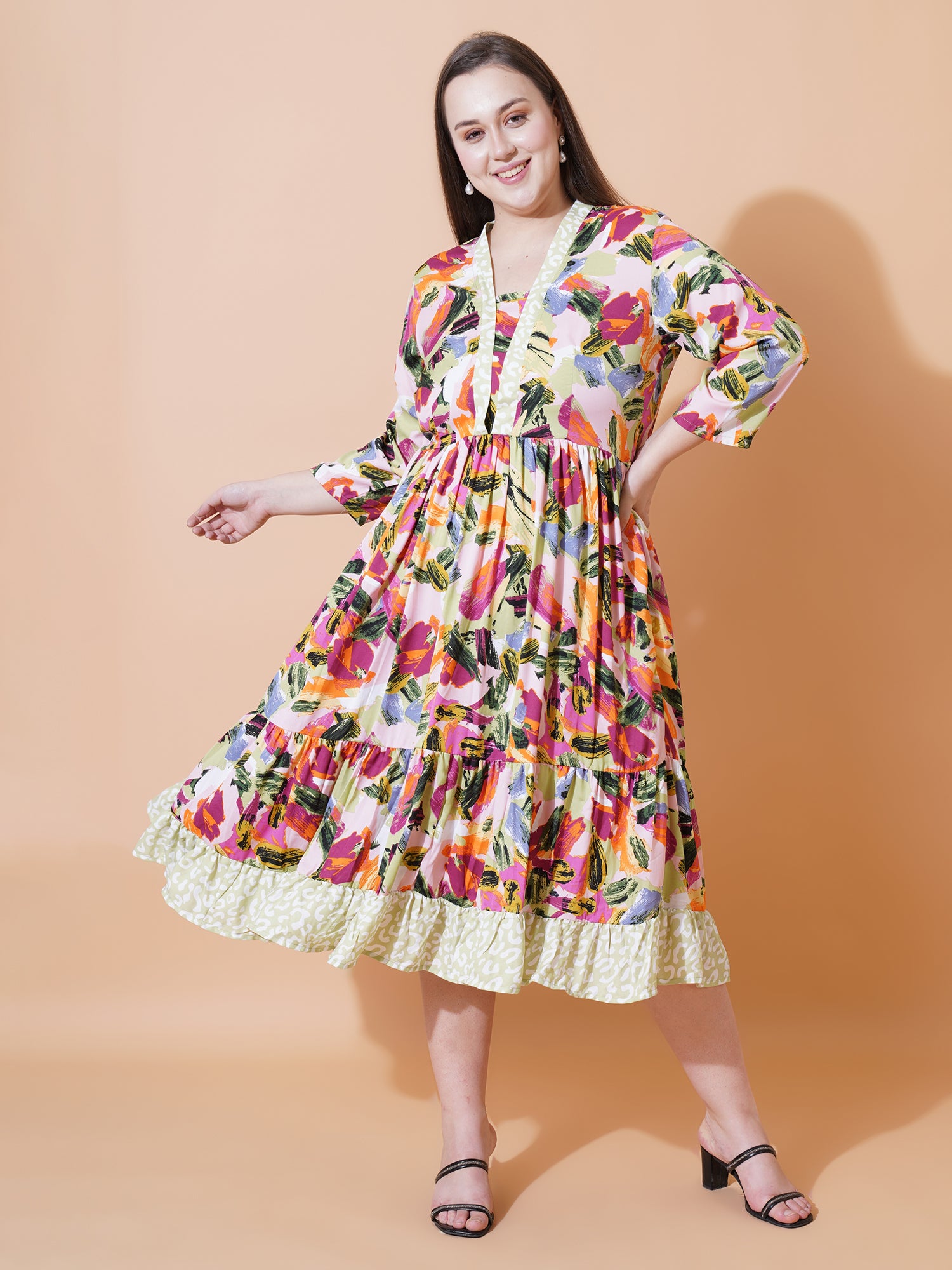 Women Plus Size Abstract Printed Plus Size Cotton Fit & Flare Midi Dress