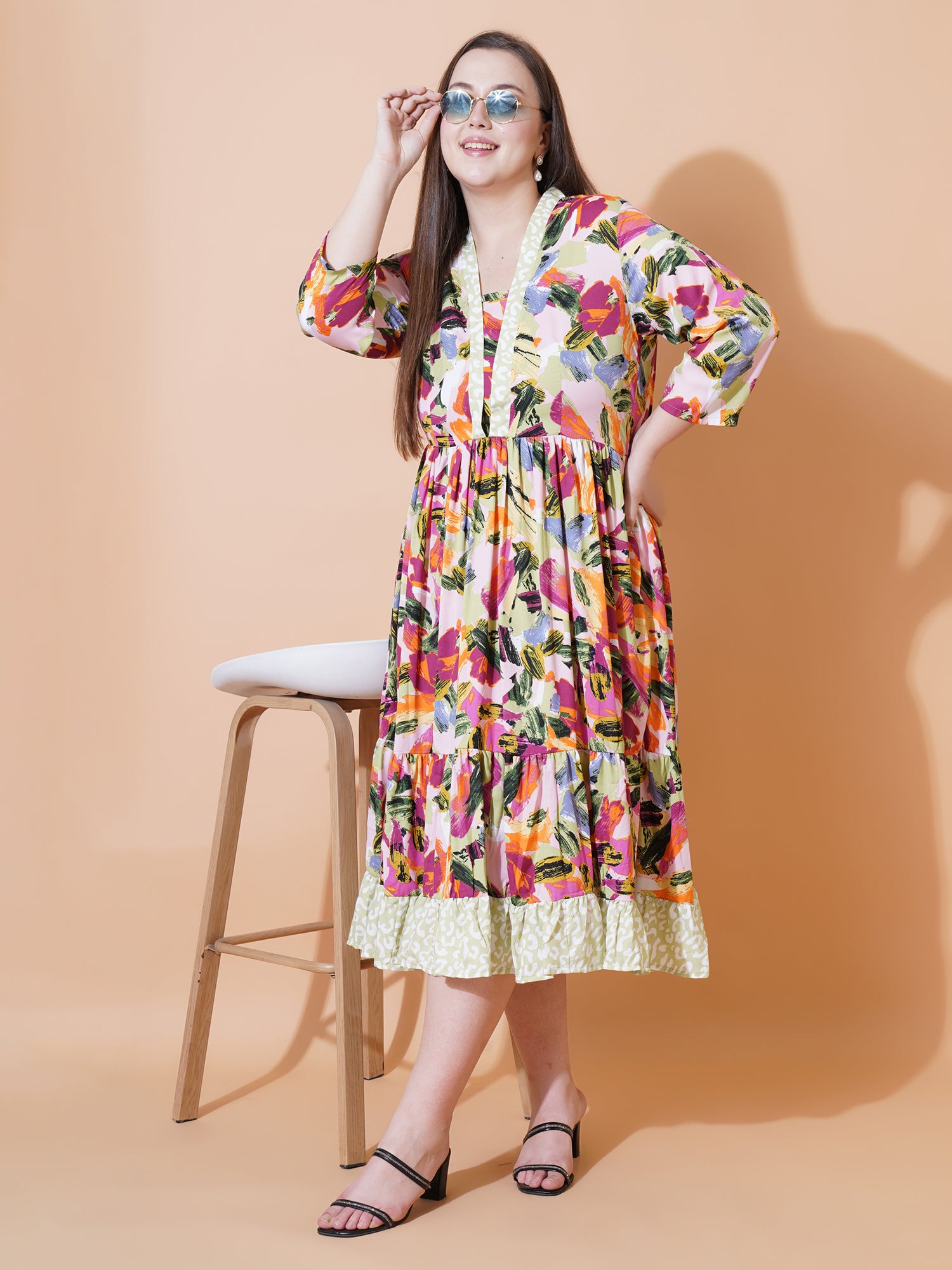 Women Plus Size Abstract Printed Plus Size Cotton Fit & Flare Midi Dress