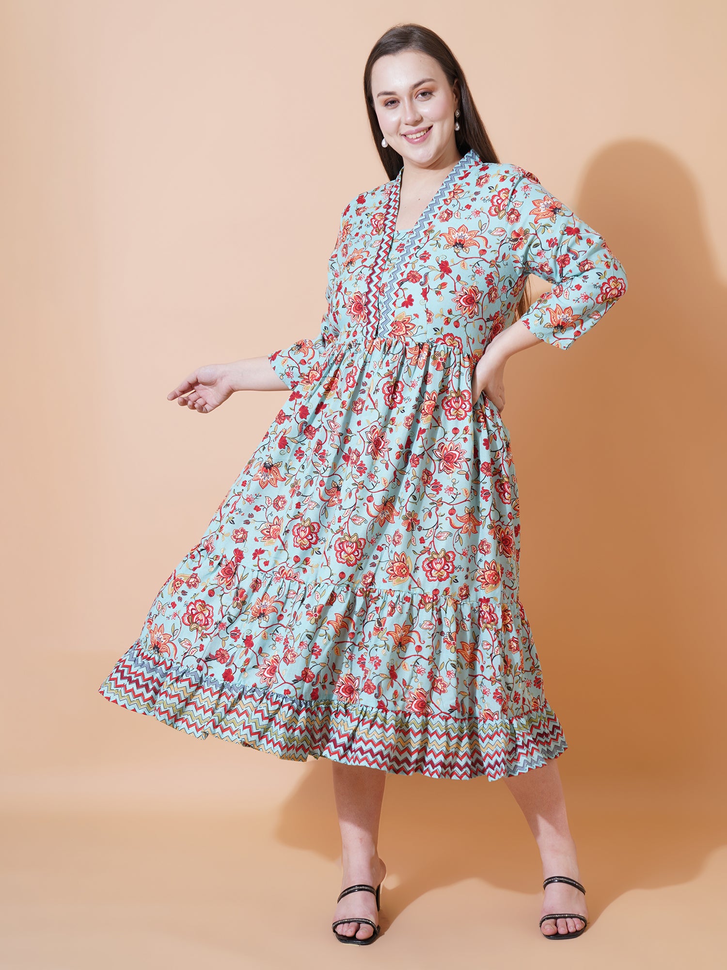 Women Plus Size Floral Print Fit & Flare Midi Dress
