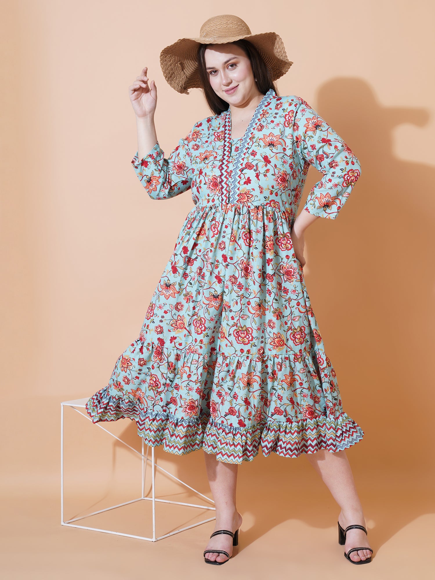 Women Plus Size Floral Print Fit & Flare Midi Dress
