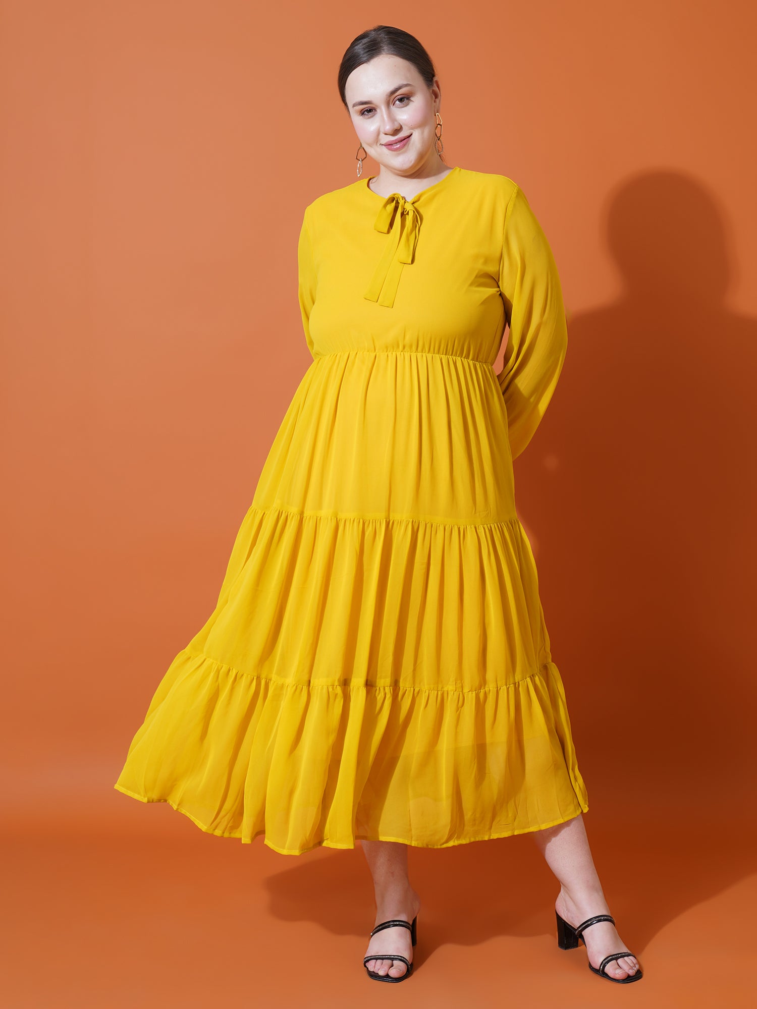 Women Plus Size Tie-Up Neck Puff Sleeve Crepe Fit & Flare Midi Dress