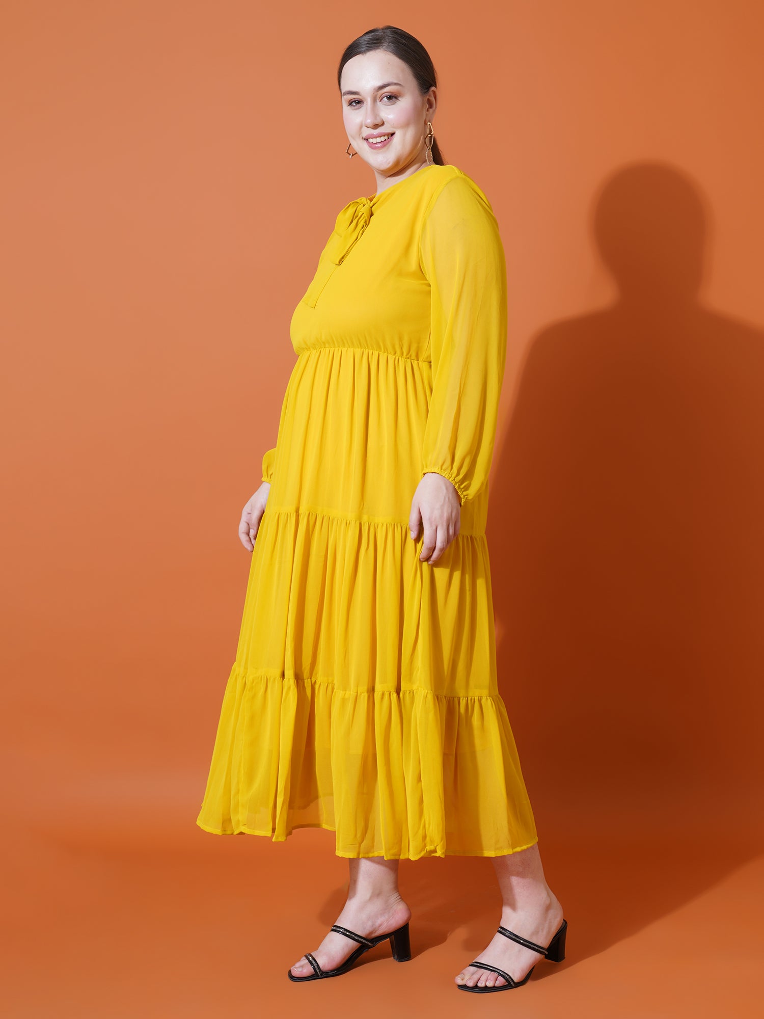 Women Plus Size Tie-Up Neck Puff Sleeve Crepe Fit & Flare Midi Dress