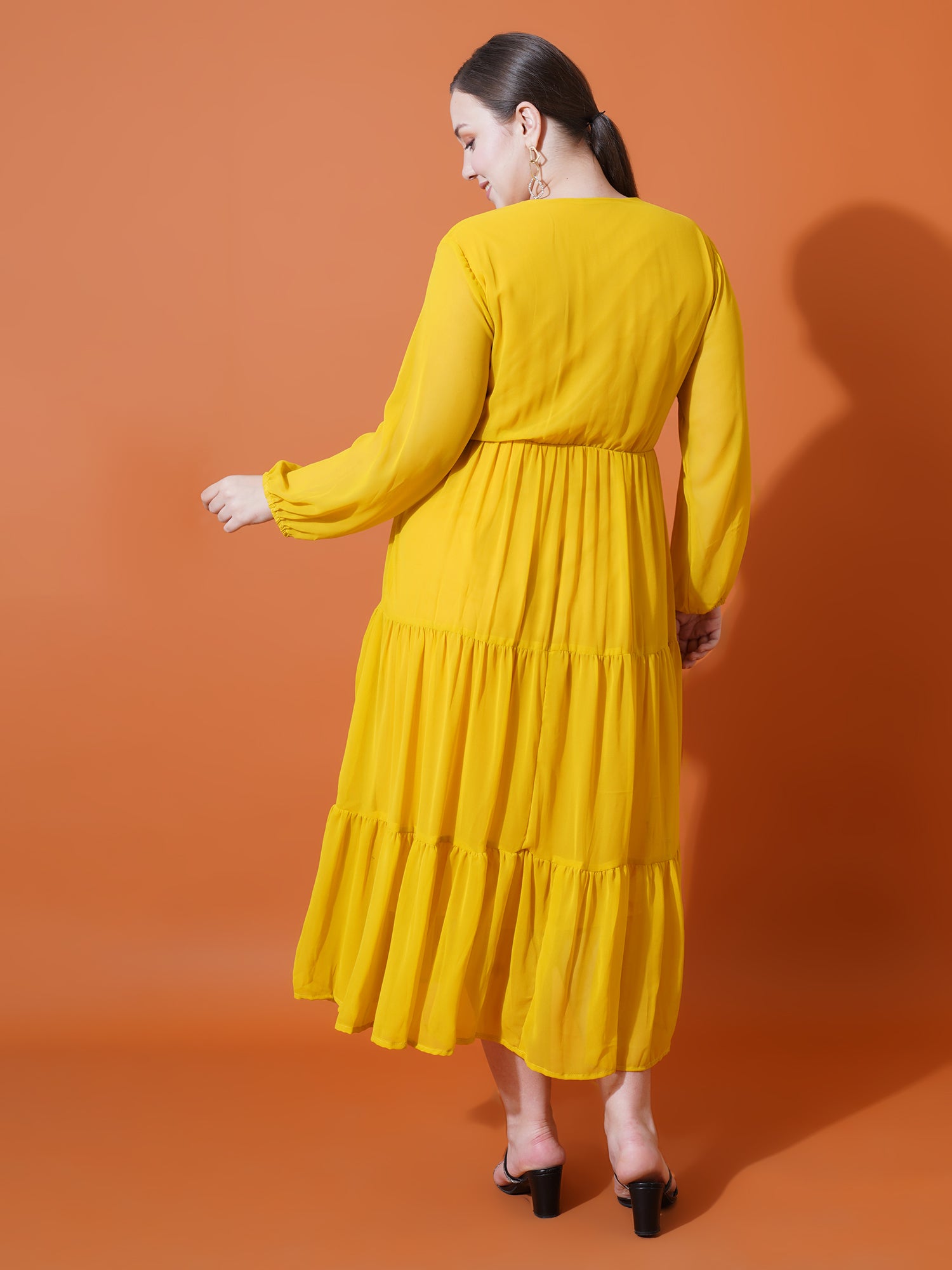 Women Plus Size Tie-Up Neck Puff Sleeve Crepe Fit & Flare Midi Dress