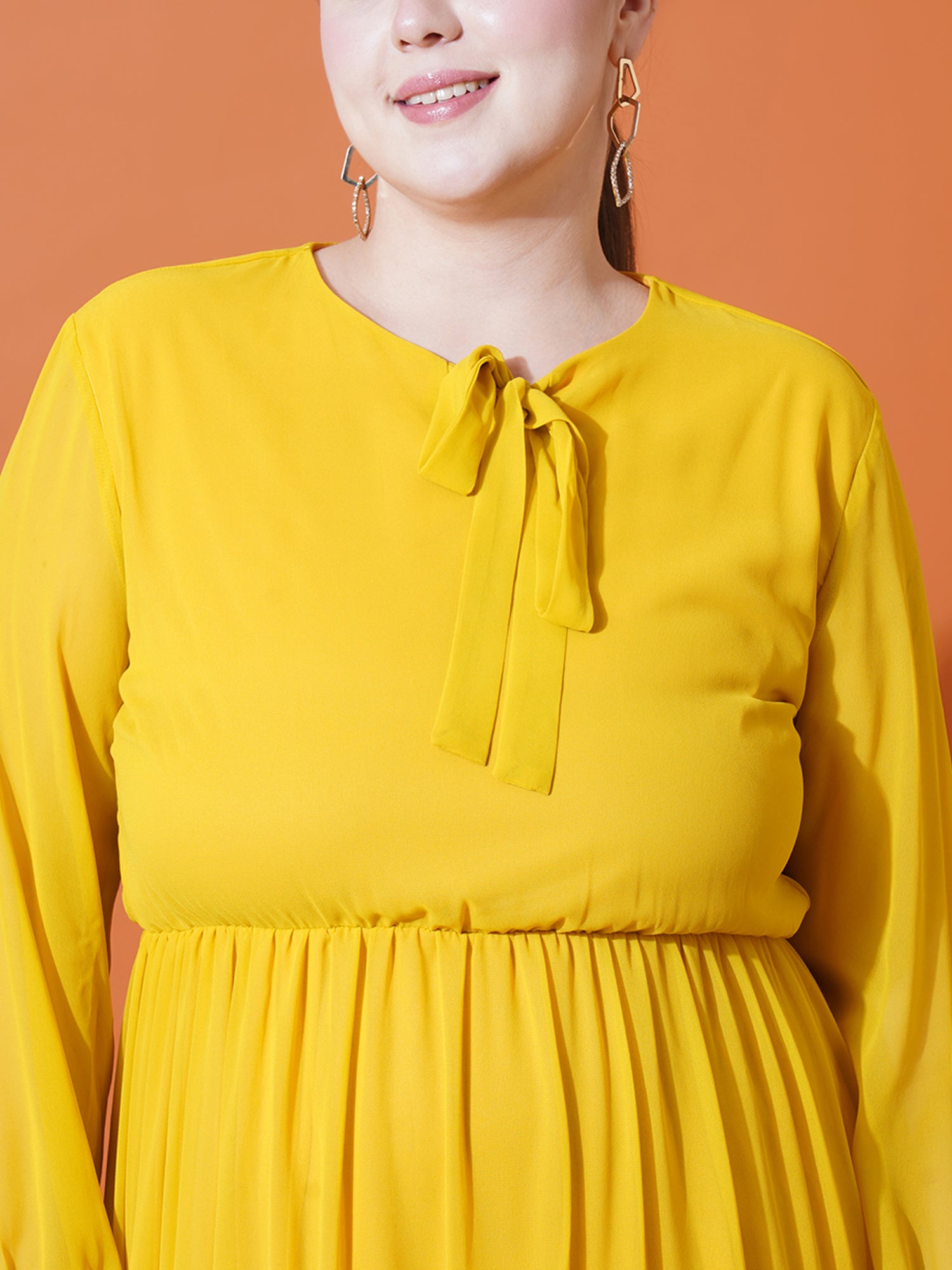 Women Plus Size Tie-Up Neck Puff Sleeve Crepe Fit & Flare Midi Dress