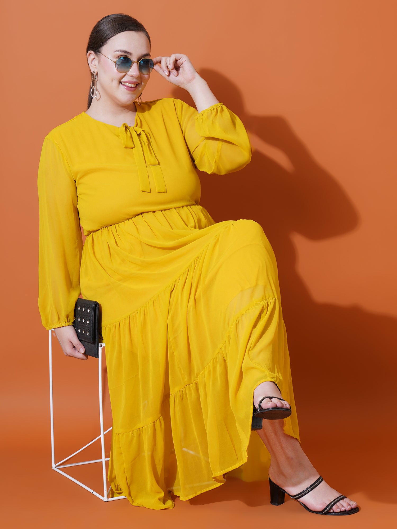 Women Plus Size Tie-Up Neck Puff Sleeve Crepe Fit & Flare Midi Dress