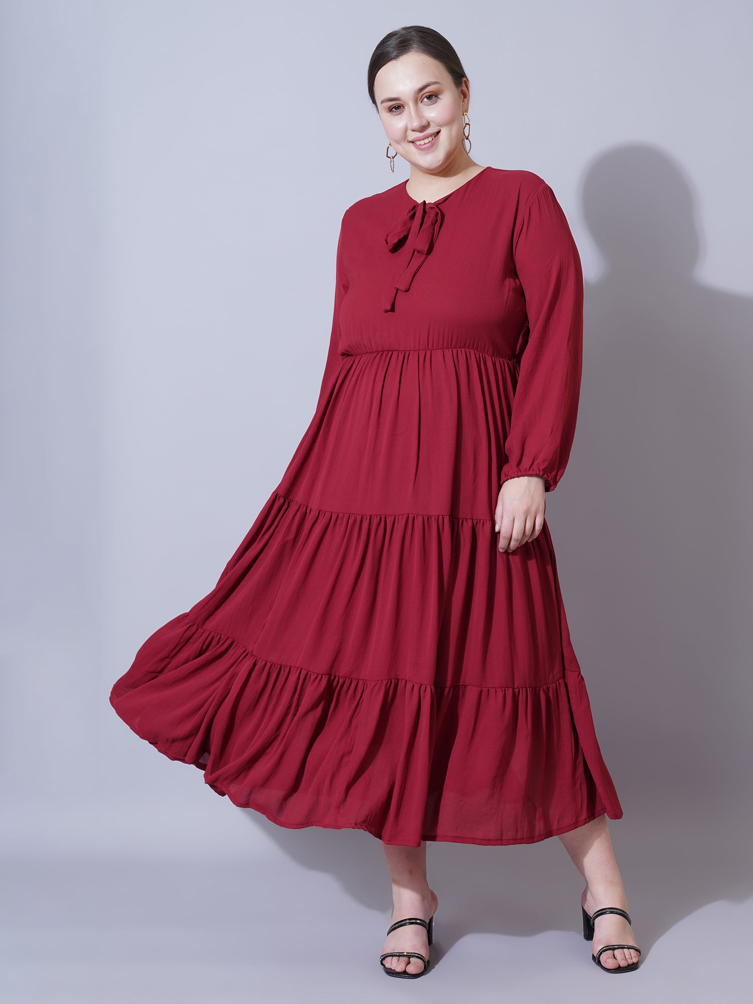 Women Plus Size Tie-Up Neck Puff Sleeve Crepe Fit & Flare Midi Dress