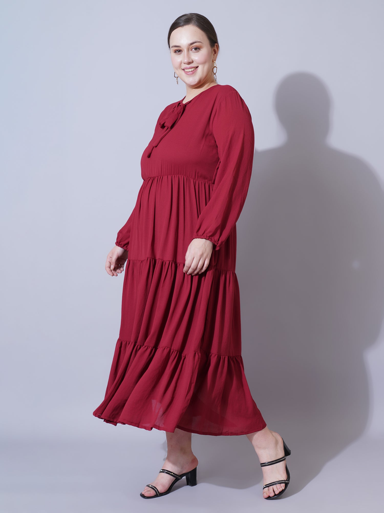 Women Plus Size Tie-Up Neck Puff Sleeve Crepe Fit & Flare Midi Dress