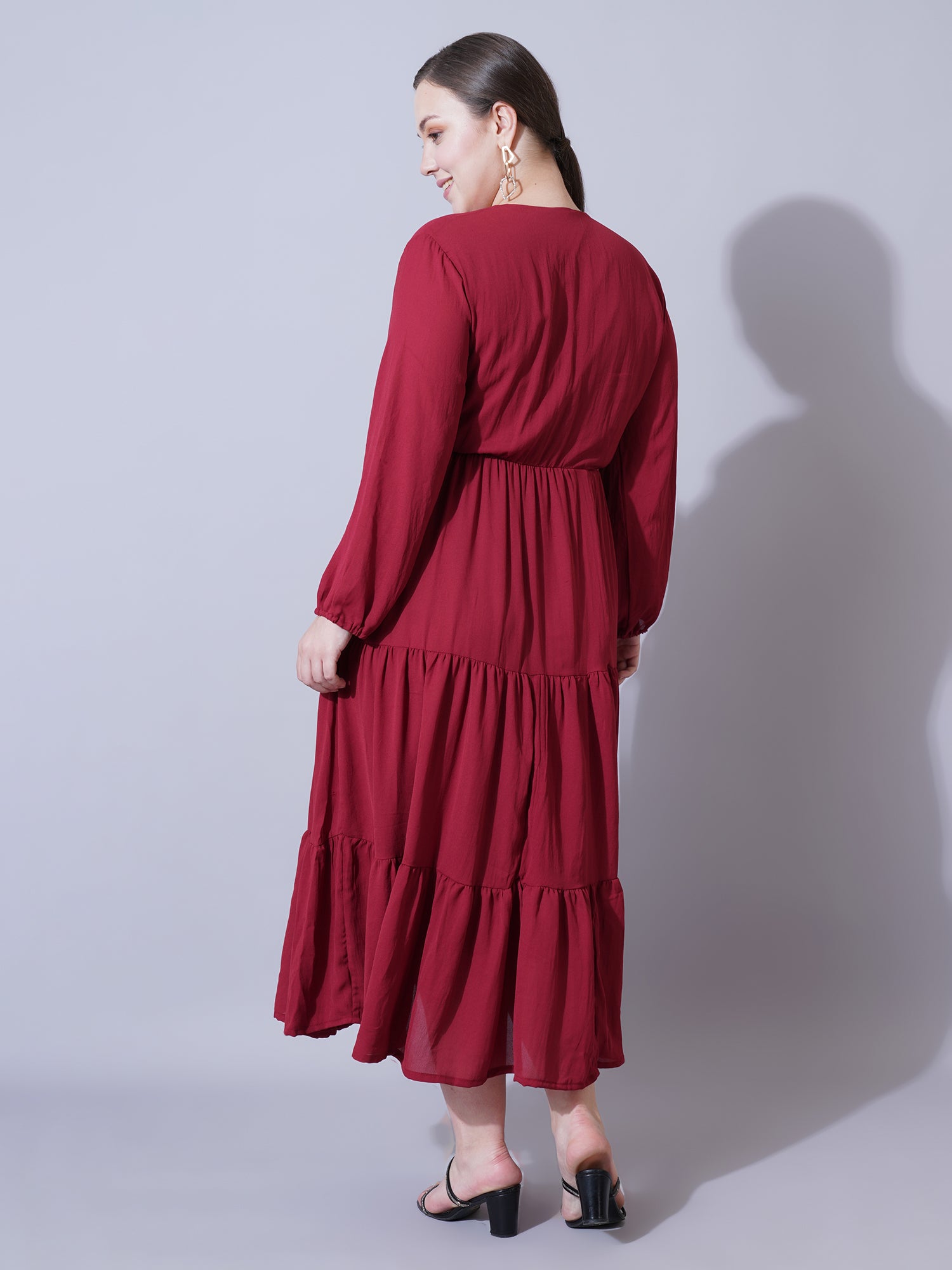 Women Plus Size Tie-Up Neck Puff Sleeve Crepe Fit & Flare Midi Dress