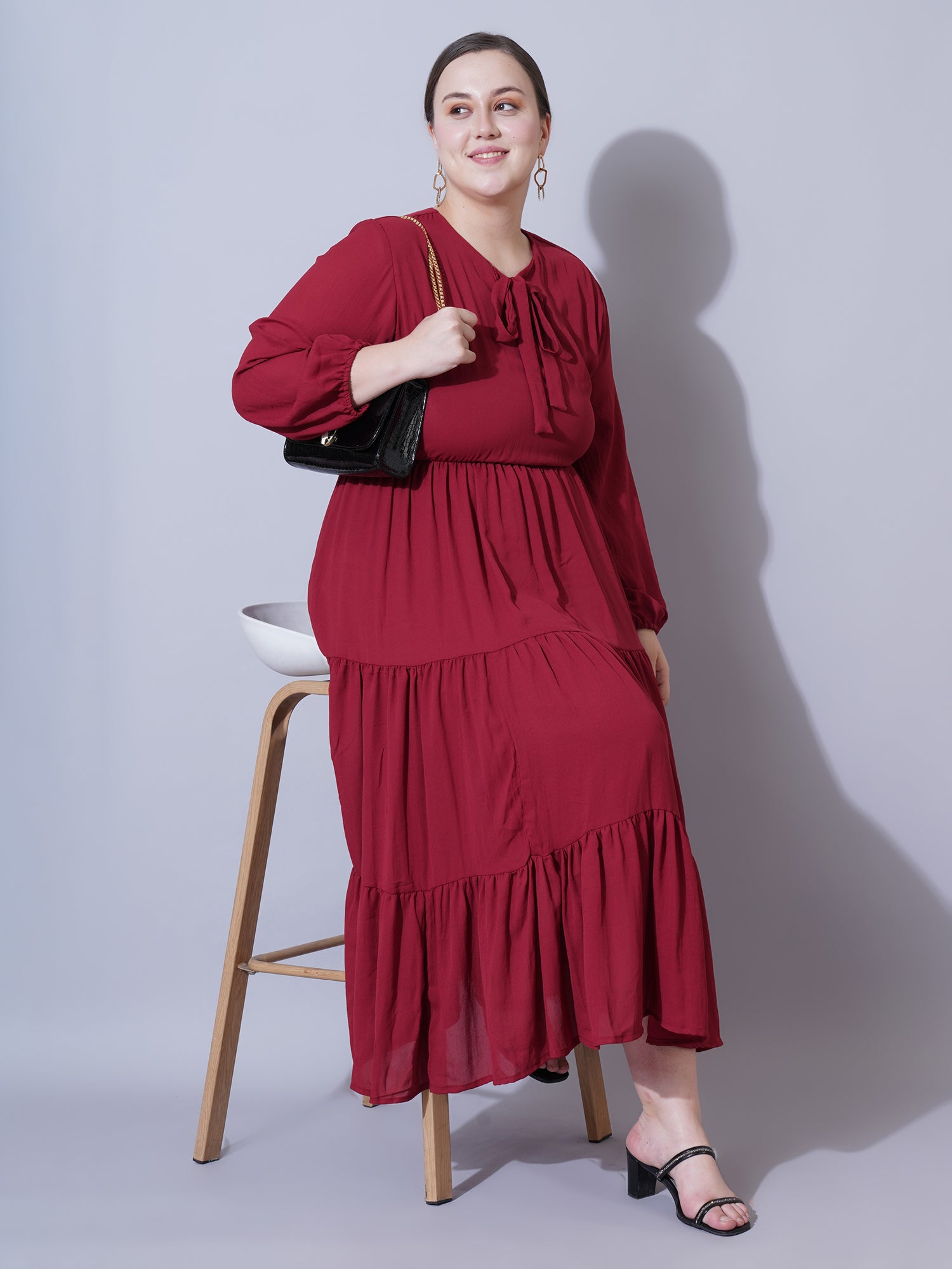 Women Plus Size Tie-Up Neck Puff Sleeve Crepe Fit & Flare Midi Dress