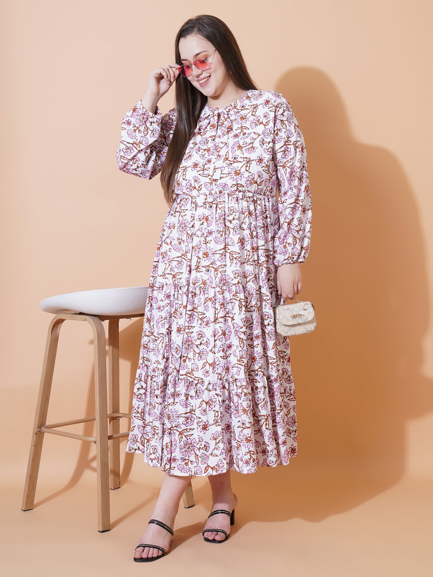 Women Plus Size Floral Printed Tie-Up Neck Puff Sleeve Crepe Fit & Flare Midi Dress